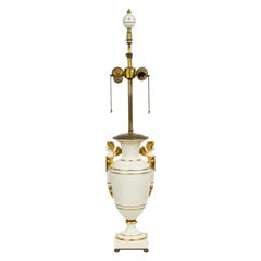 French Charles X style White and Gilt Ceramic and Brass Urn Form Table Lamp