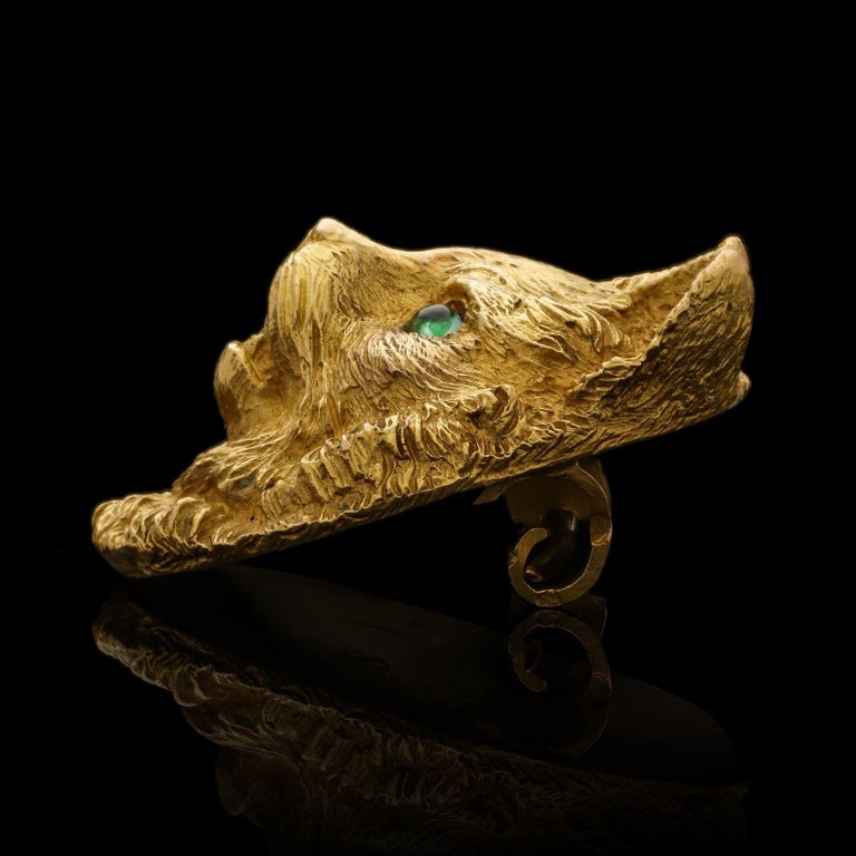 French Charming Gold Cat Head Brooch with Emerald Eyes, Circa 1902 at