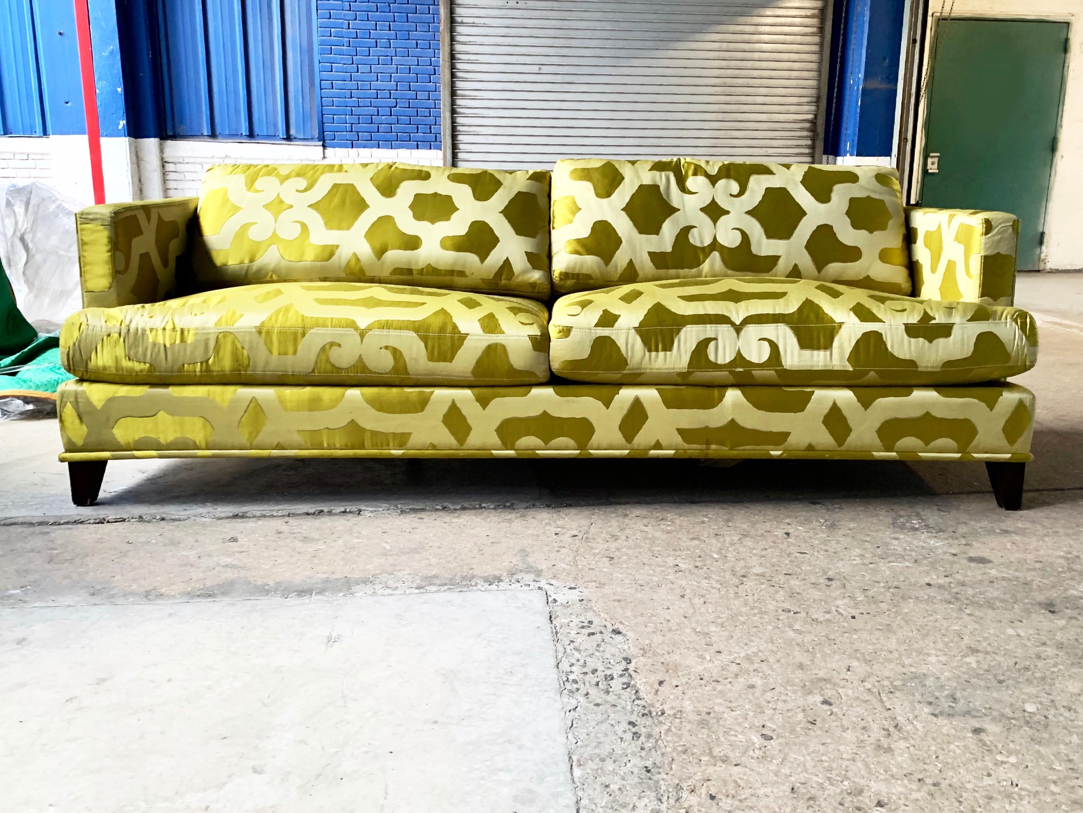 French Chartreuse Silk Quatrefoil 3-Seat Sofa Kravet Couture, Yellow Green Couch.

An Art Deco inspired sofa in a Dual-toned quatrefoil lush chartreuse French silk. Truly stunning. Photos cannot capture the way this piece interacts with the light.