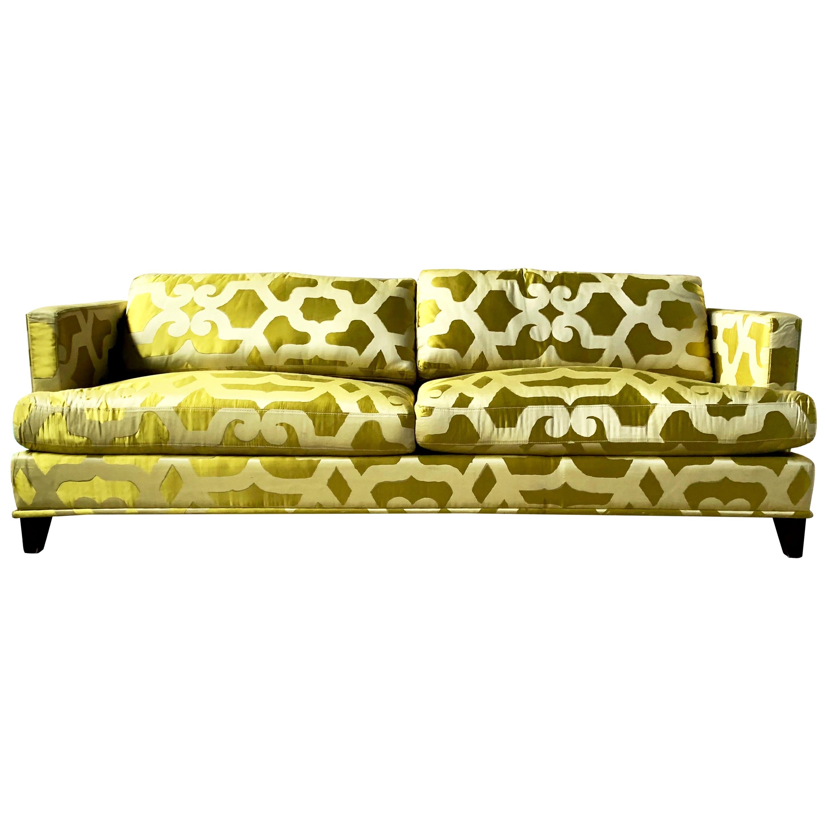French Chartreuse Silk Quatrefoil 3-Seat Sofa Kravet Couture, Yellow Green Couch