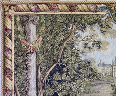 Tapisserie tissée en jacquard représentant un paysage de château français avec calèche et scène de cour