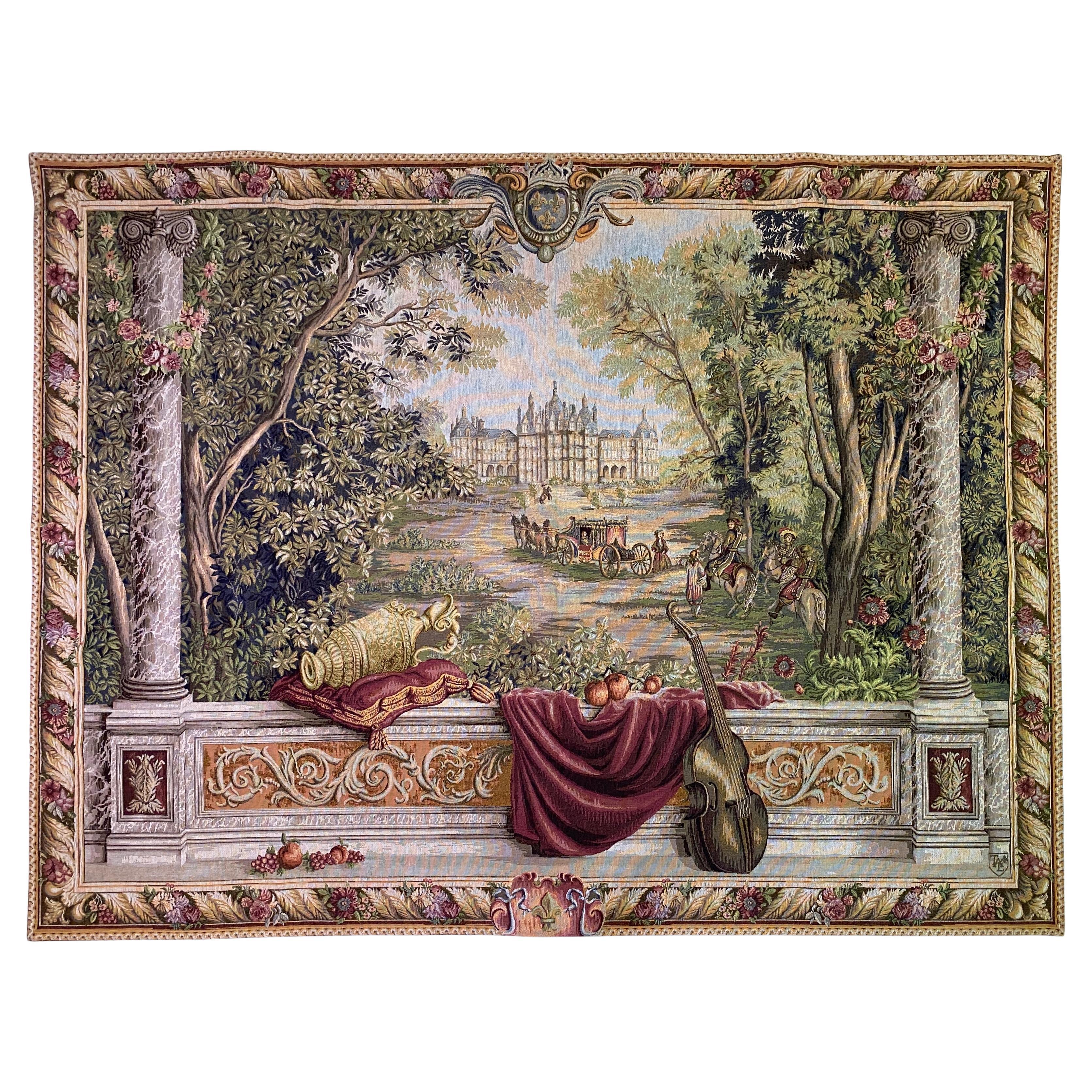 Französische Schlosslandschaft Jacquardgewebter Wandteppich mit Kutsche und höfischer Szene