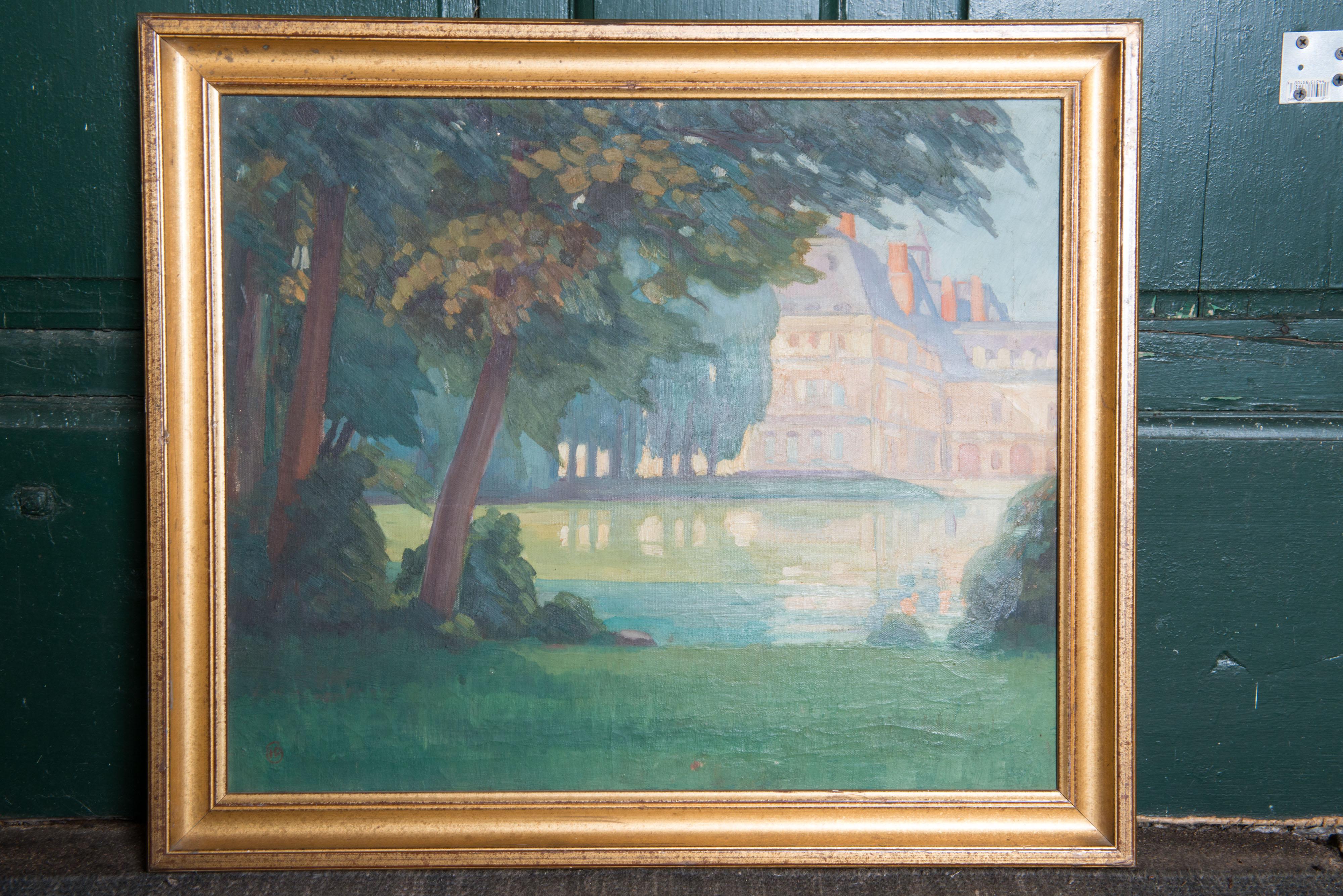 Une huile sur toile de l'époque de Napoléon III représentant un château et un paysage dans un cadre doré.  Une belle composition en très bon état.