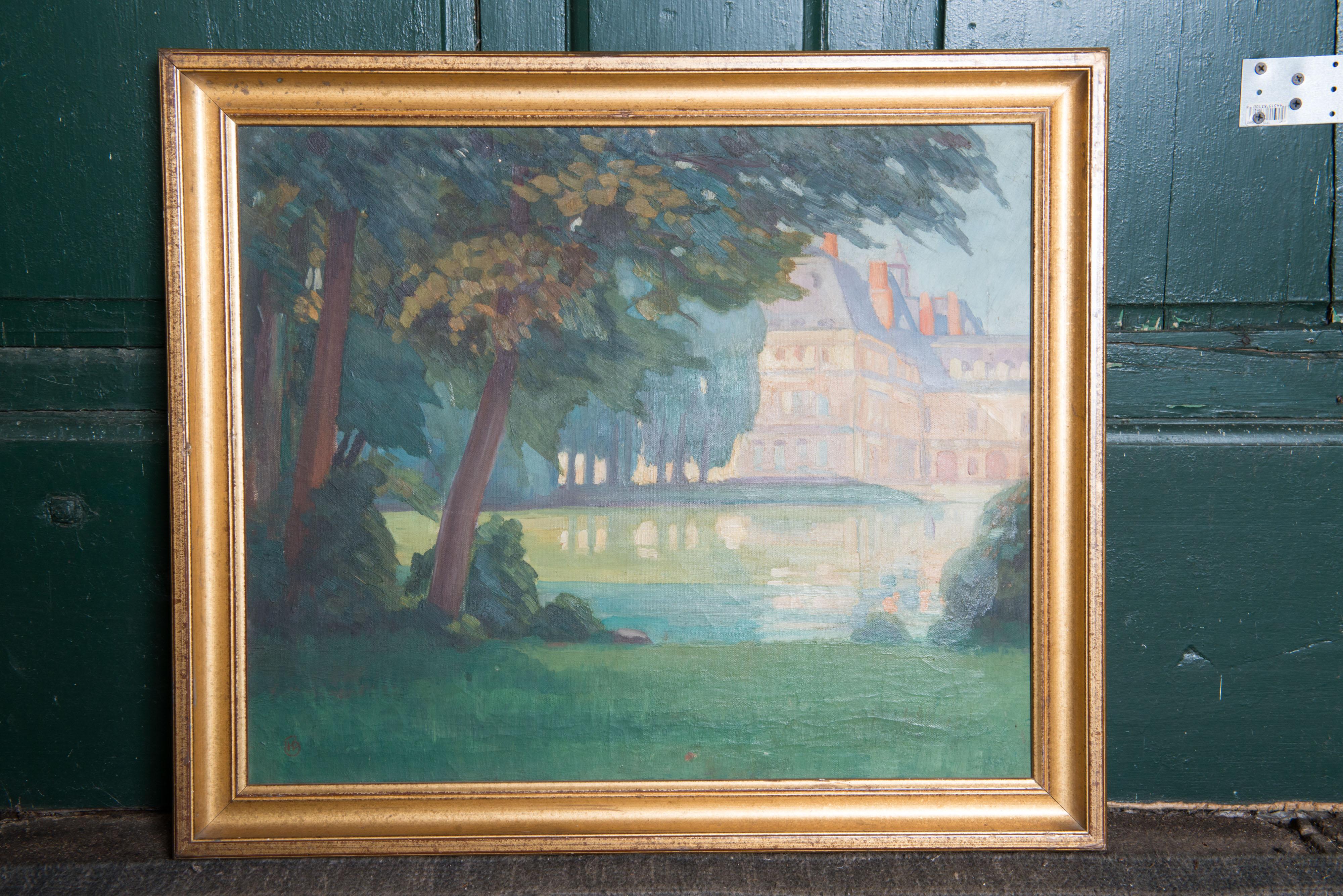 Napoleon III French Chateau Landscape Oil Painting in Original Gilt Frame For Sale