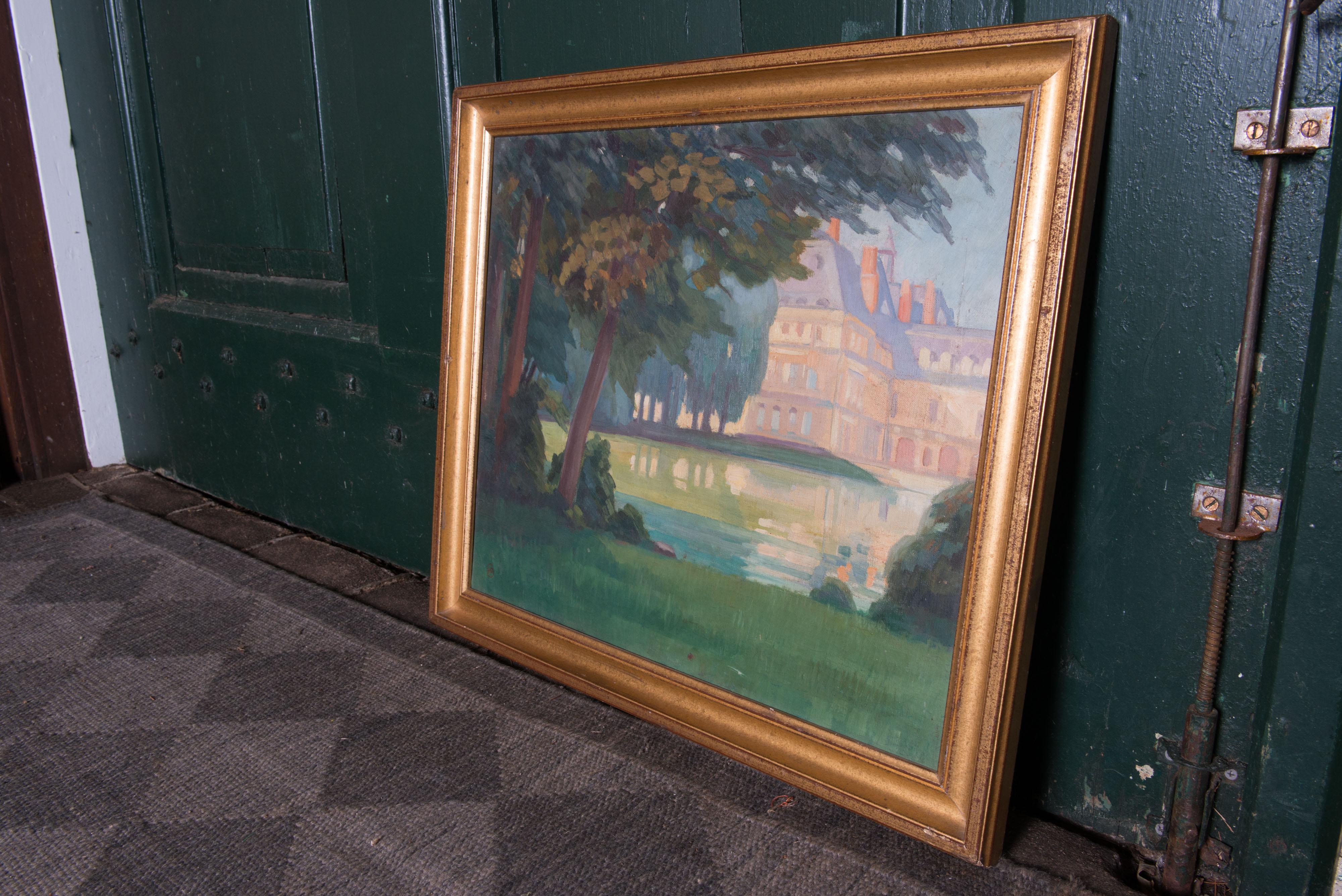 Canvas French Chateau Landscape Oil Painting in Original Gilt Frame For Sale
