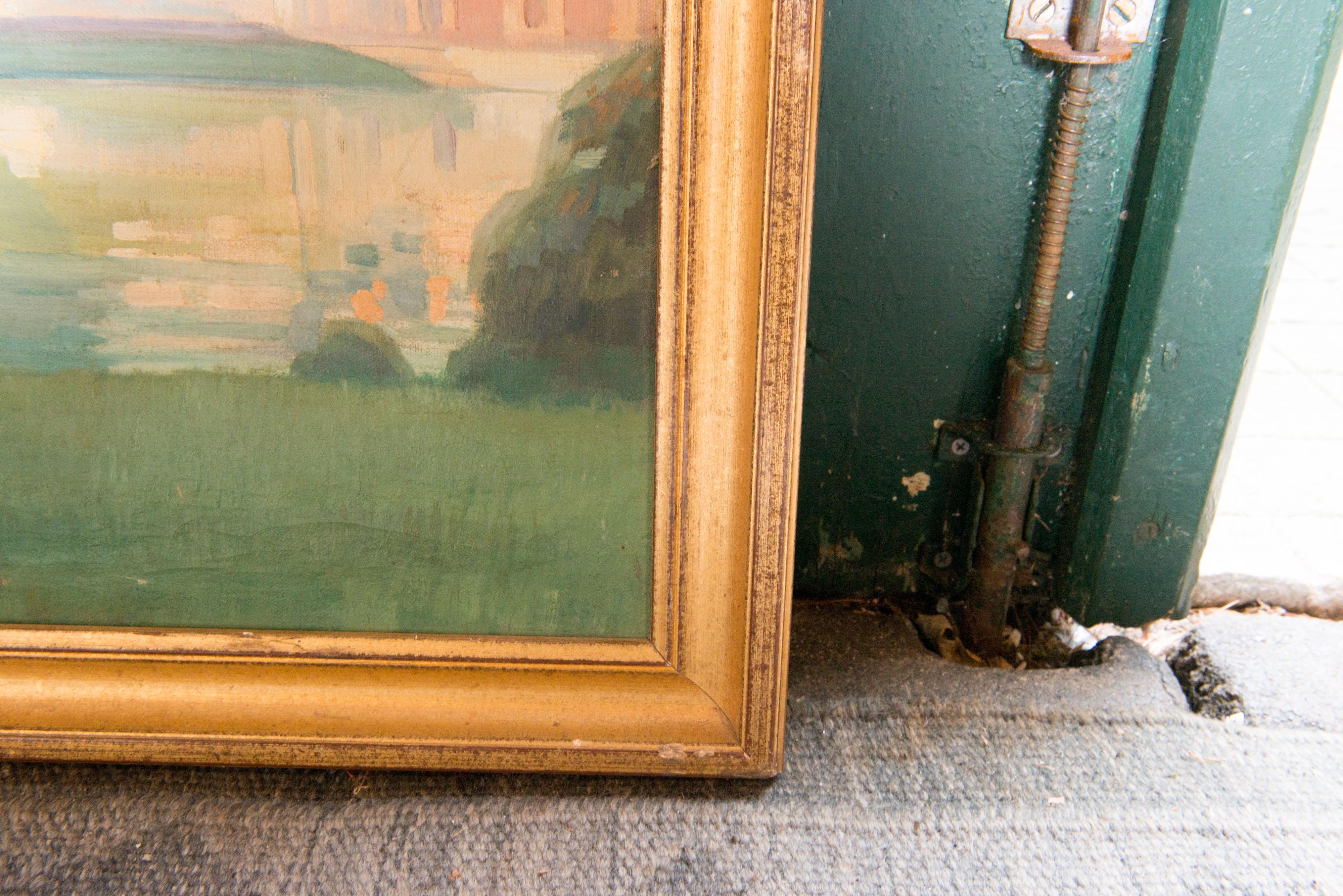 French Chateau Landscape Oil Painting in Original Gilt Frame For Sale 3