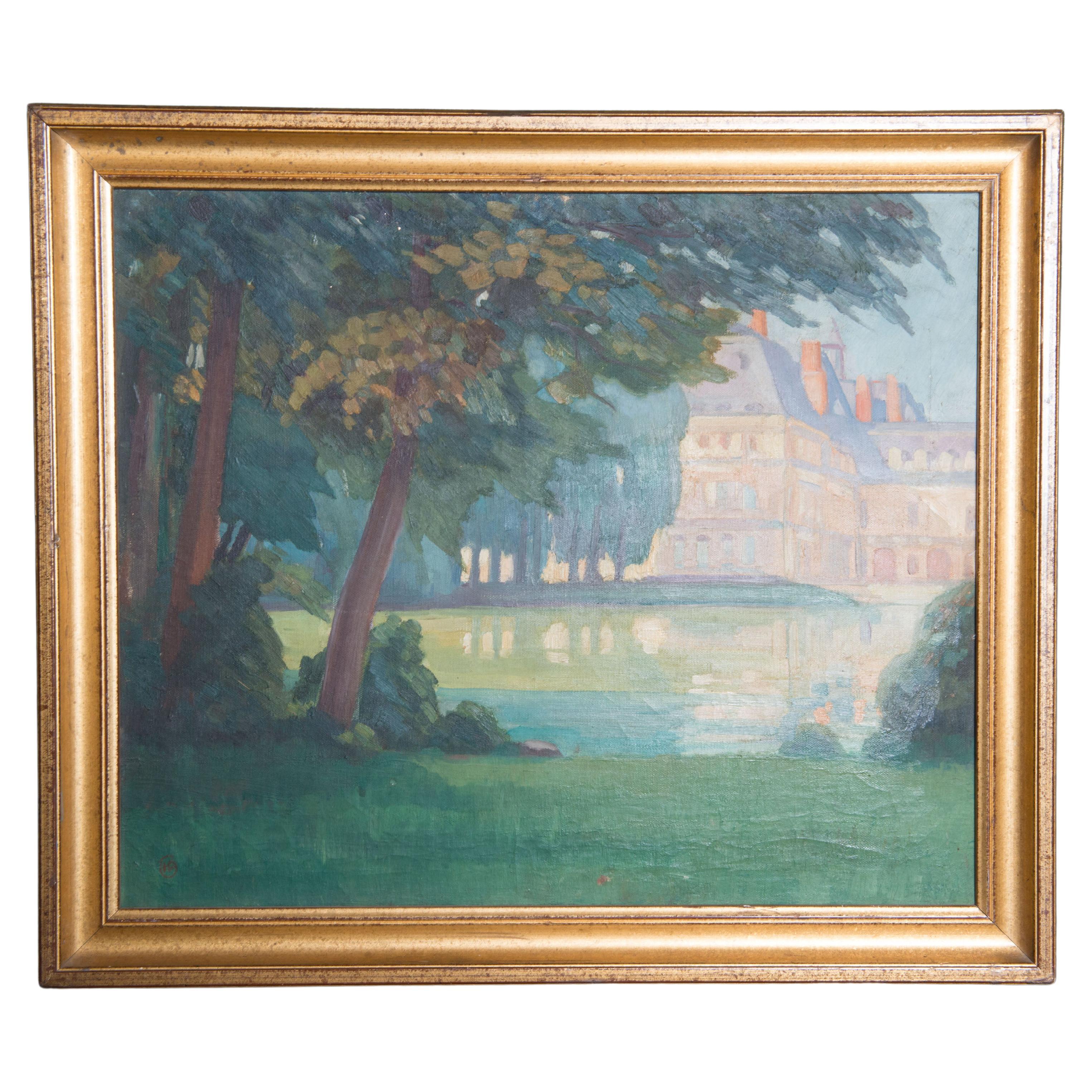 Peinture à l'huile française d'un paysage de château dans son cadre doré d'origine en vente