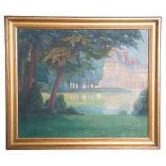 Antique French Chateau Landscape Oil Painting in Original Gilt Frame