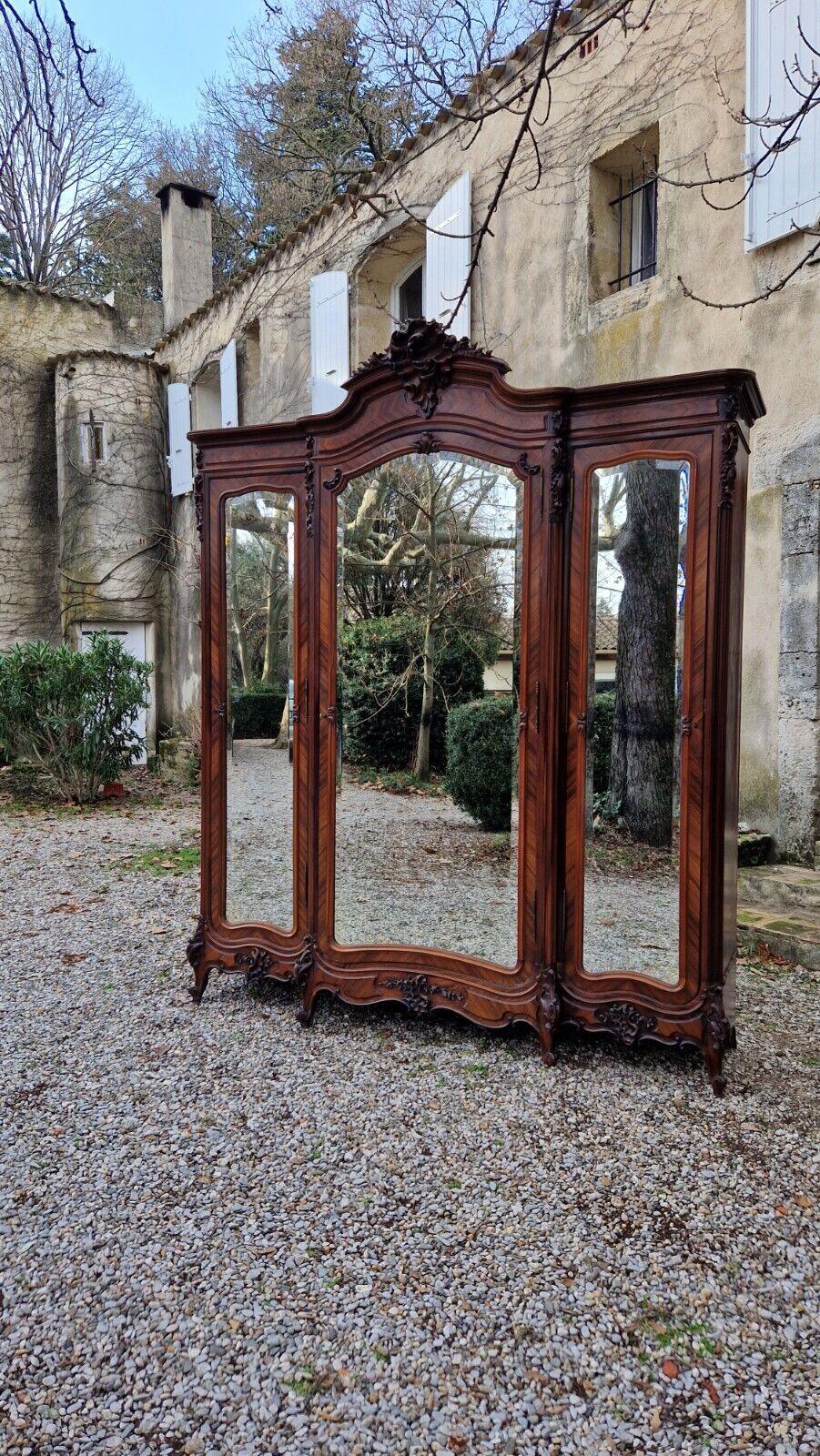 Hand-Carved 19th Century Antique French Rococo Armoire Carved Wood Triple Door