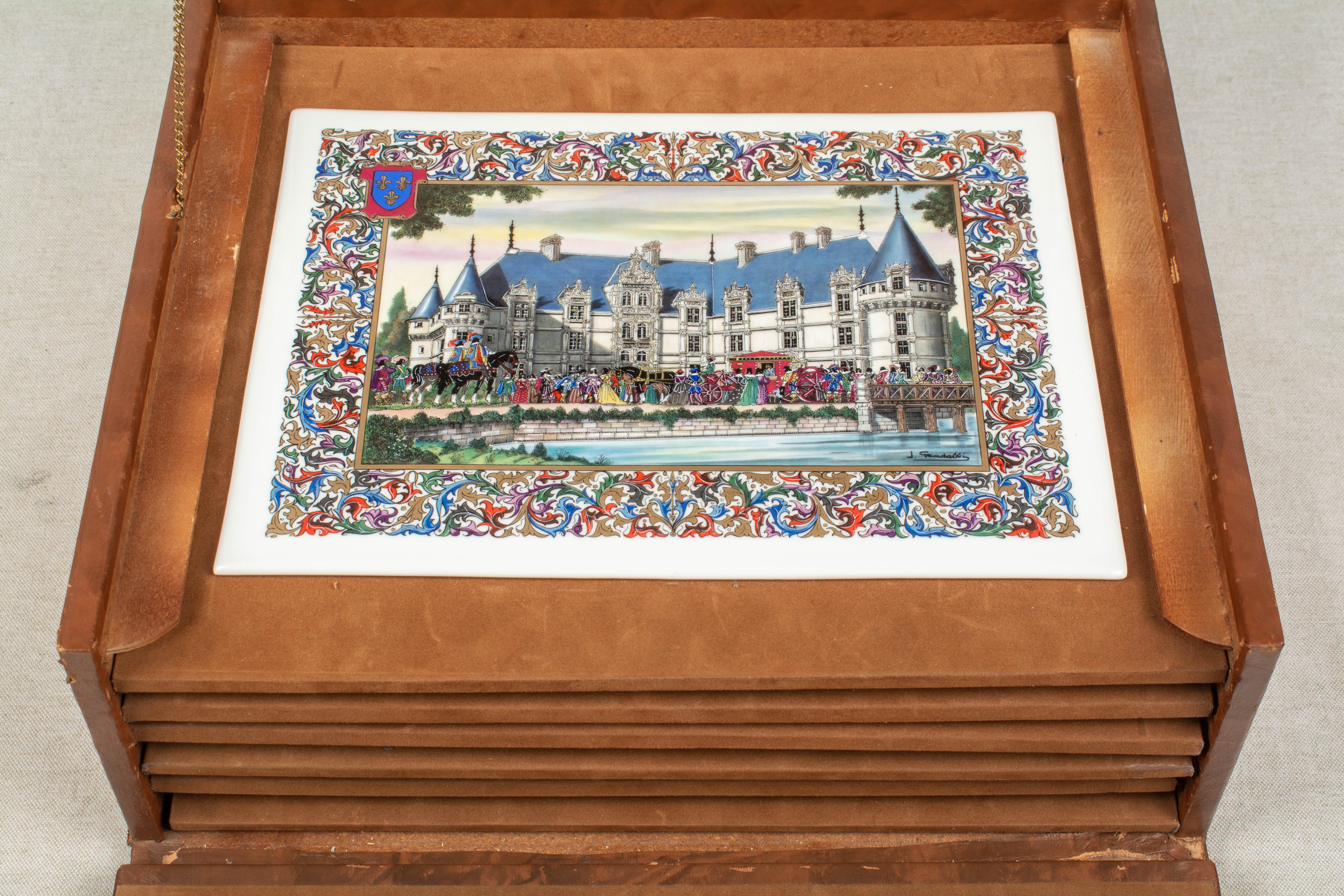 French Chateaux Porcelain Plaques, Box, Set of Six In Good Condition For Sale In Winter Park, FL