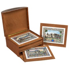 Set von sechs französischen Chateaux-Porzellanplaketten, Schachtel