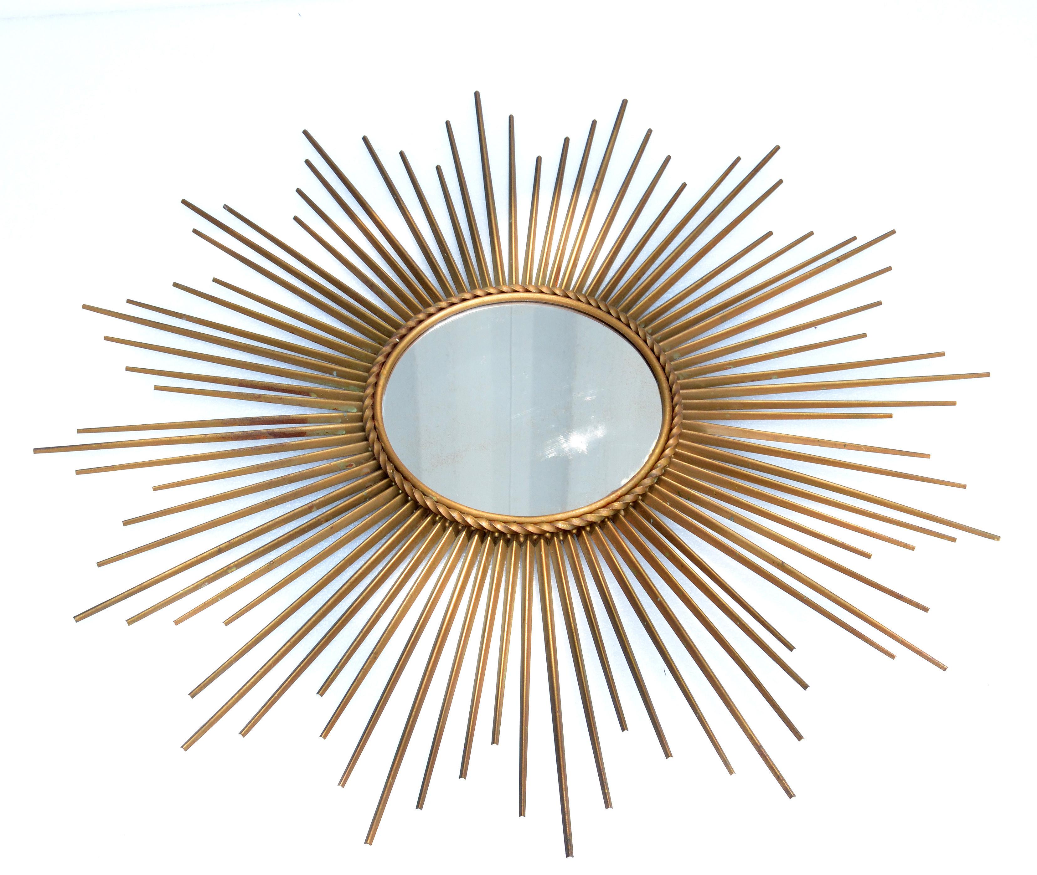French Chaty Sunburst Mirror Gold Finished Iron Wall Mirror Mid-Century Modern 3