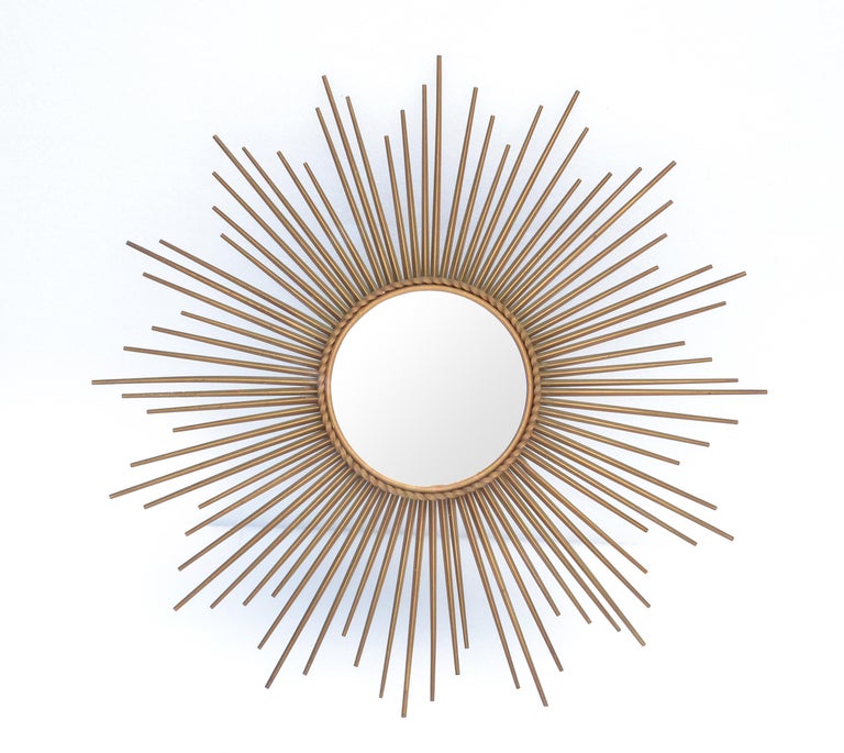 French Chaty Sunburst Mirror Gold Finished Iron Wall Mirror Mid-Century Modern In Good Condition For Sale In Miami, FL
