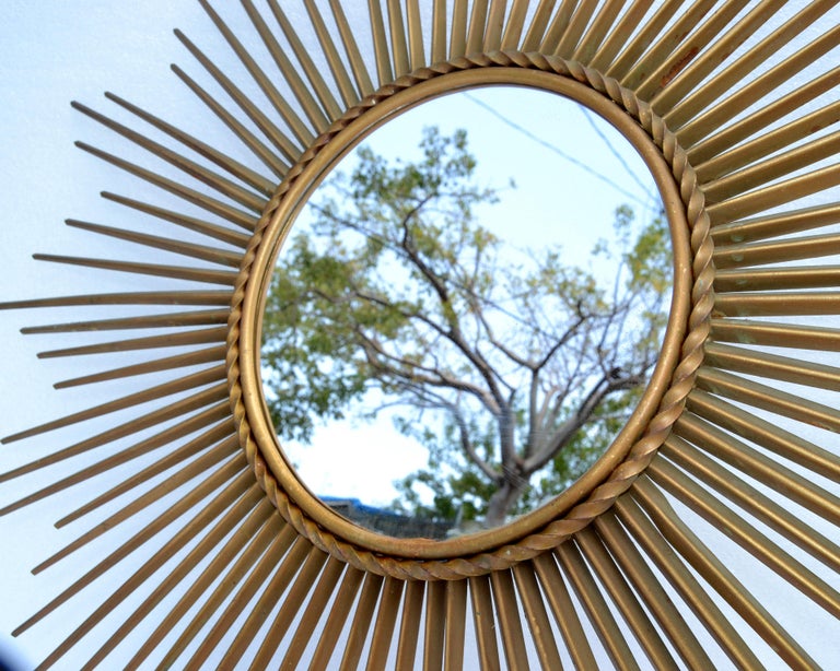 French Chaty Sunburst Mirror Gold Finished Iron Wall Mirror Mid-Century Modern For Sale 1