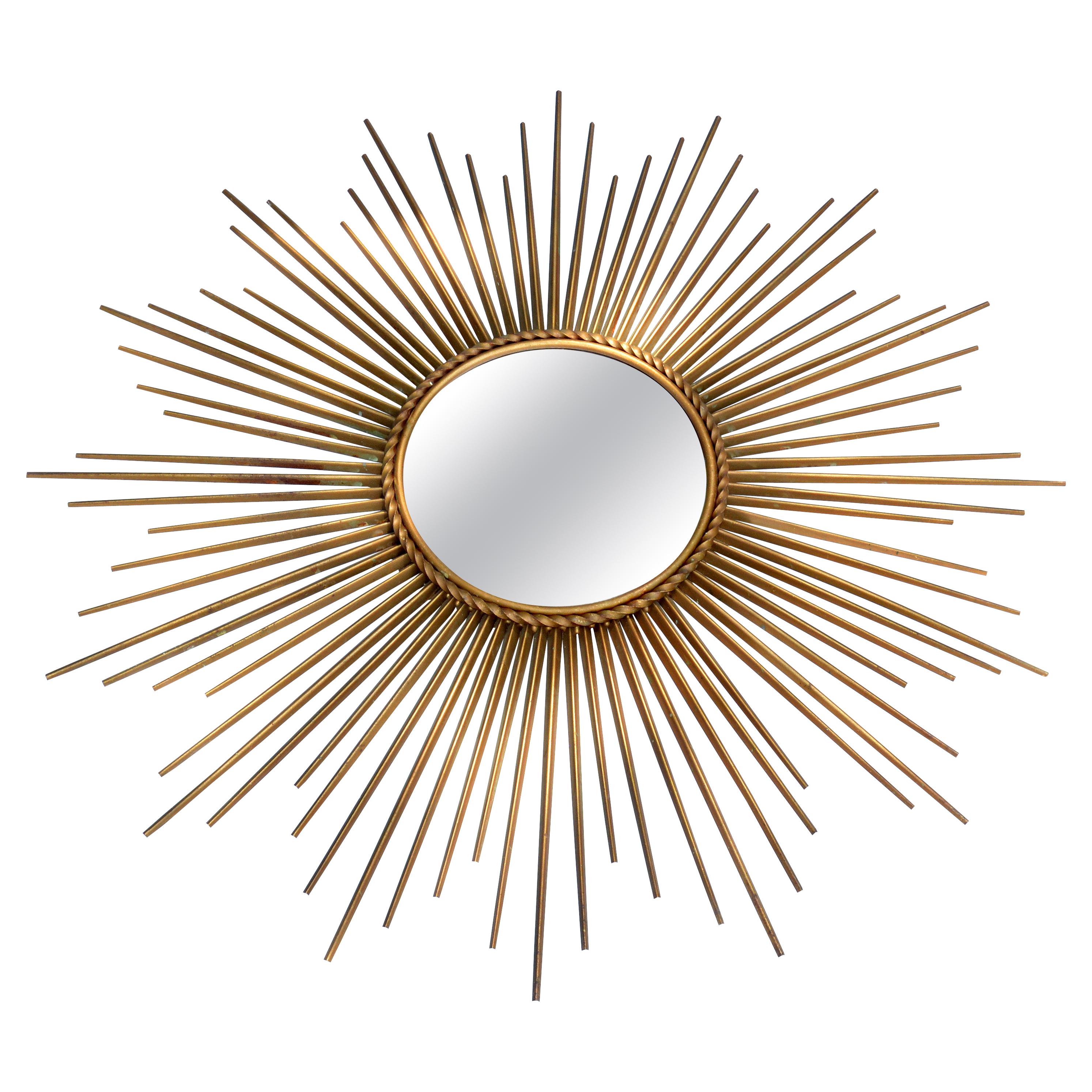 French Chaty Sunburst Mirror Gold Finished Iron Wall Mirror Mid-Century Modern