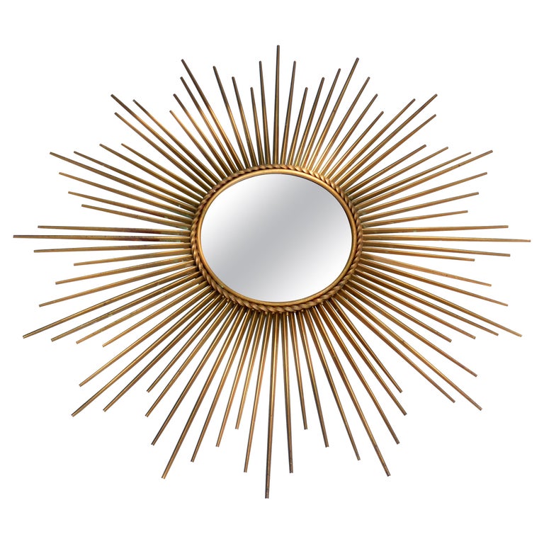 French Chaty Sunburst Mirror Gold Finished Iron Wall Mirror Mid-Century Modern For Sale