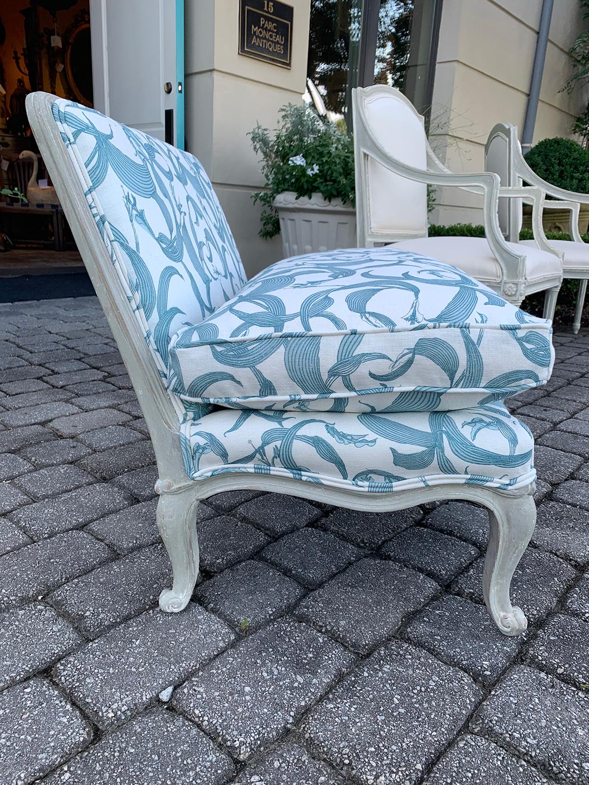 Hand-Painted French Chauffeuse or Slipper Chair, Custom Finish, circa 1950s