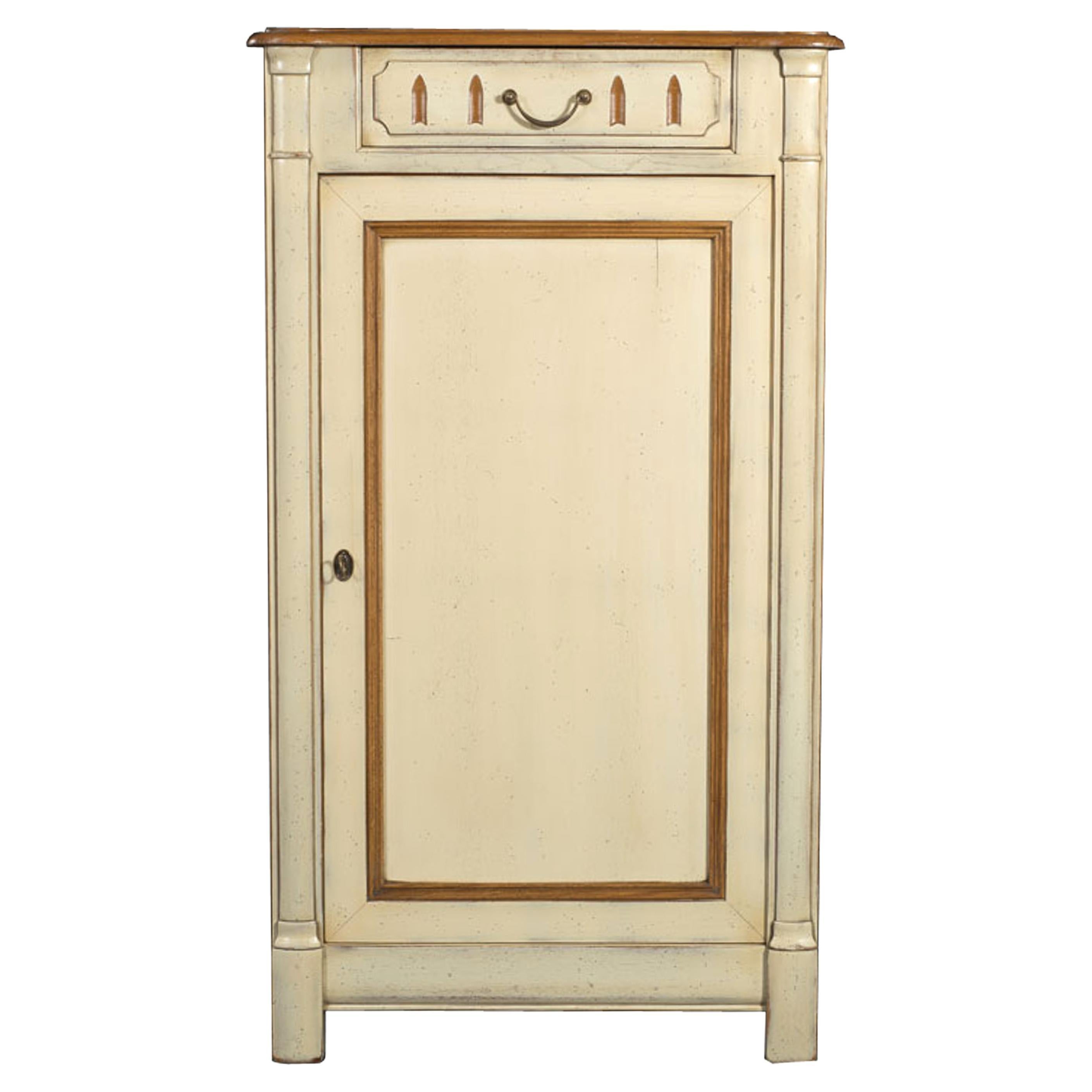French Cherry Bonnetière, Campaign Style, 1 Drawer, 2 Shelves, Cream Lacquered For Sale