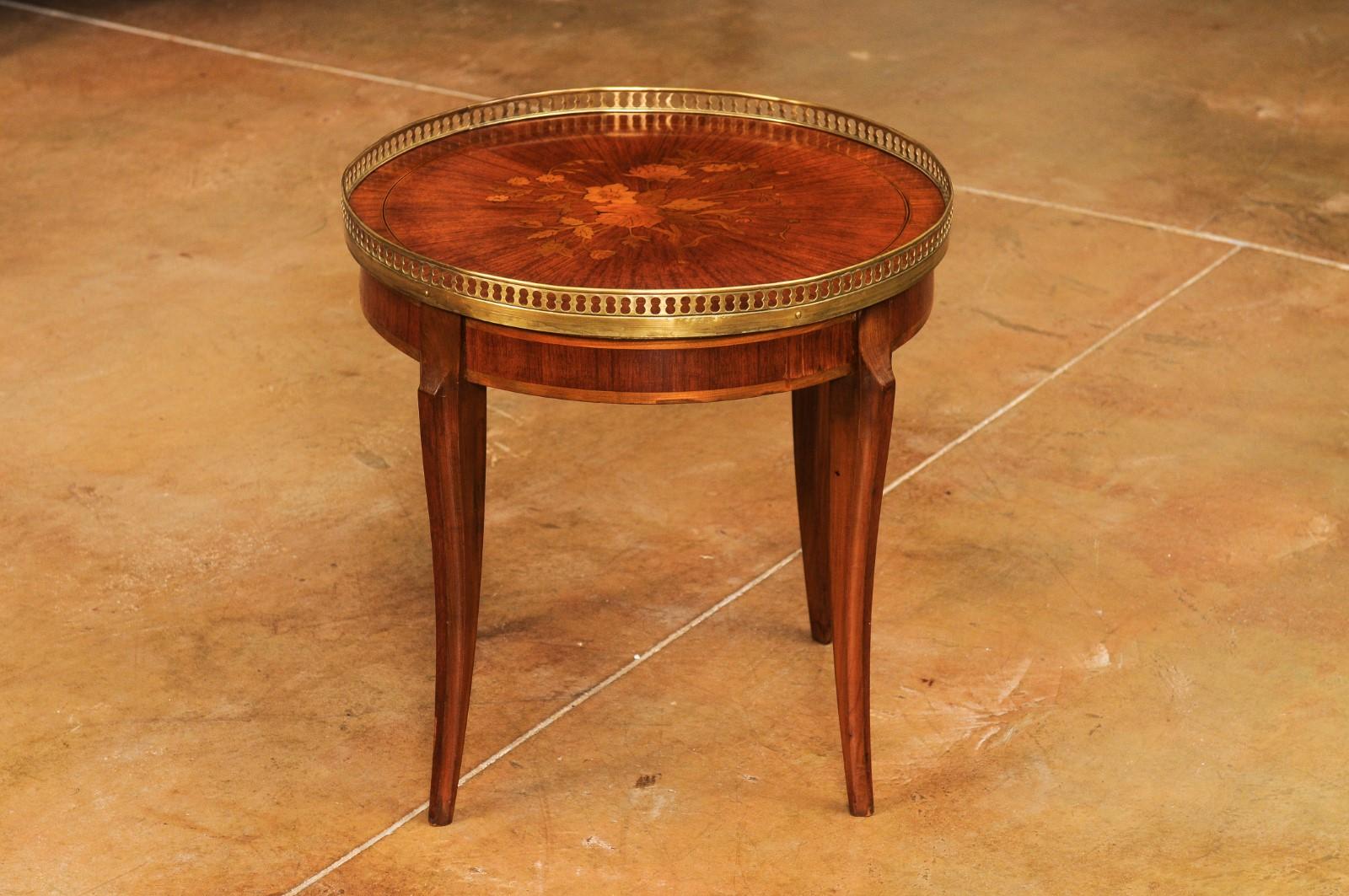 Brass French Cherry, Walnut and Mahogany Marquetry Bouillotte Game Table, 20th Century