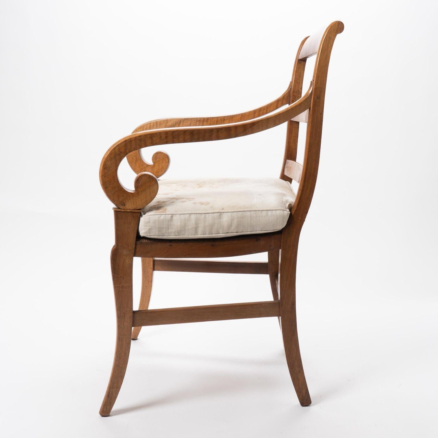 Louis Philippe French Cherry Wood Arm Chair with Rush Seat and Upholstered Cushion, c. 1830 For Sale