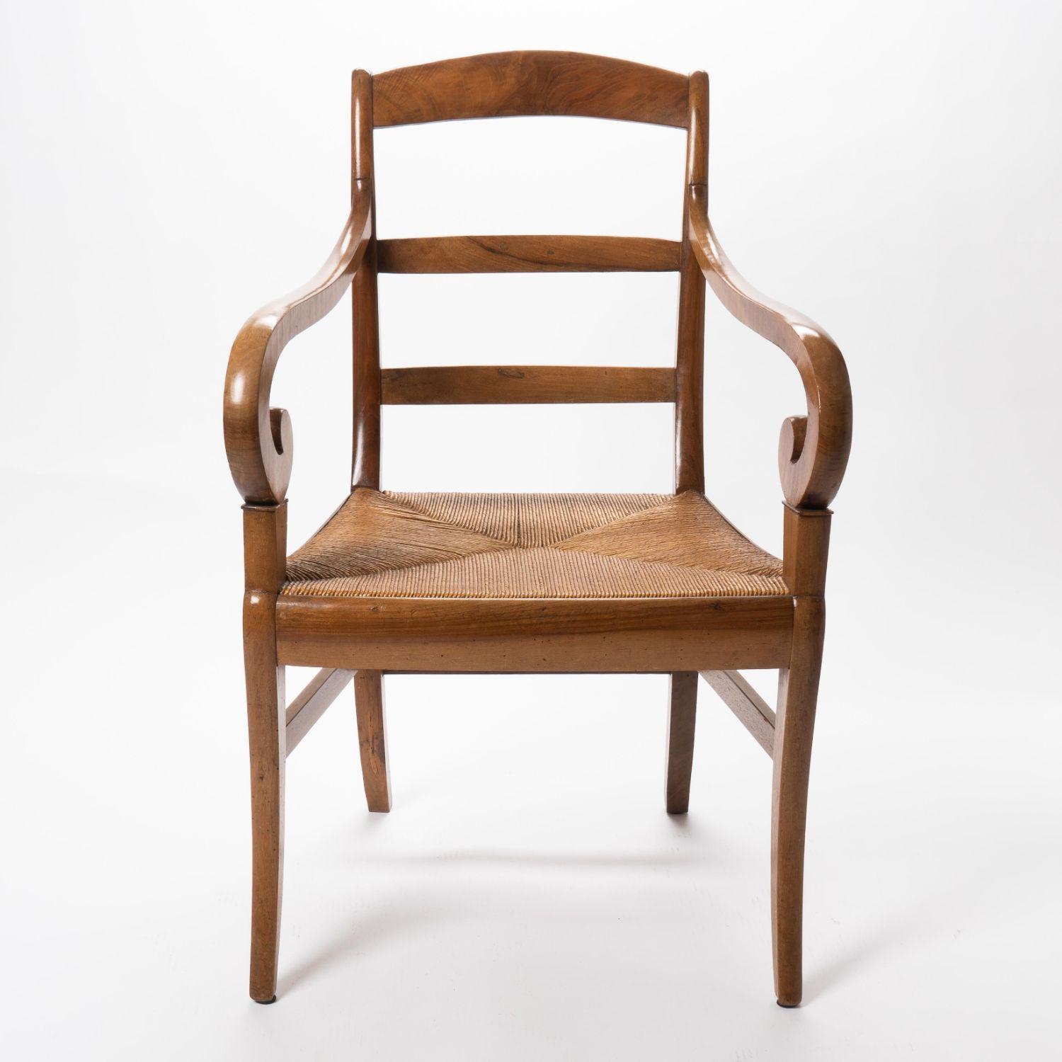 Cowhide French Cherry Wood Arm Chair with Rush Seat and Upholstered Cushion, c. 1830 For Sale