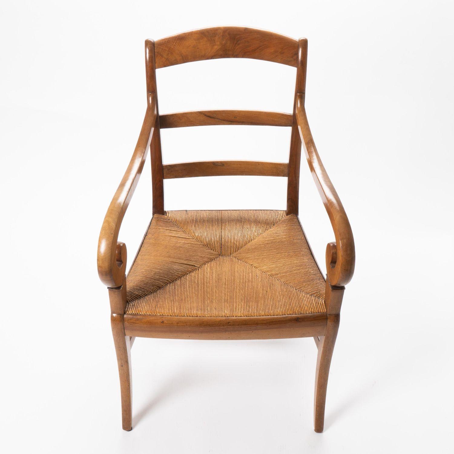 French Cherry Wood Arm Chair with Rush Seat and Upholstered Cushion, c. 1830 For Sale 1