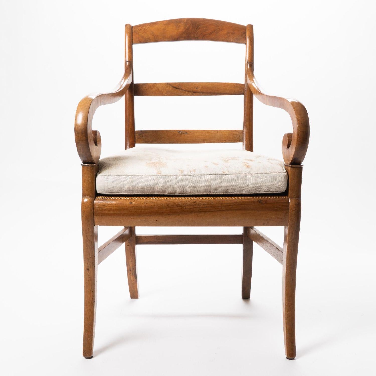 French Cherry Wood Arm Chair with Rush Seat and Upholstered Cushion, c. 1830 For Sale 2