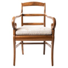 French Cherry Wood Arm Chair with Rush Seat and Upholstered Cushion, c. 1830