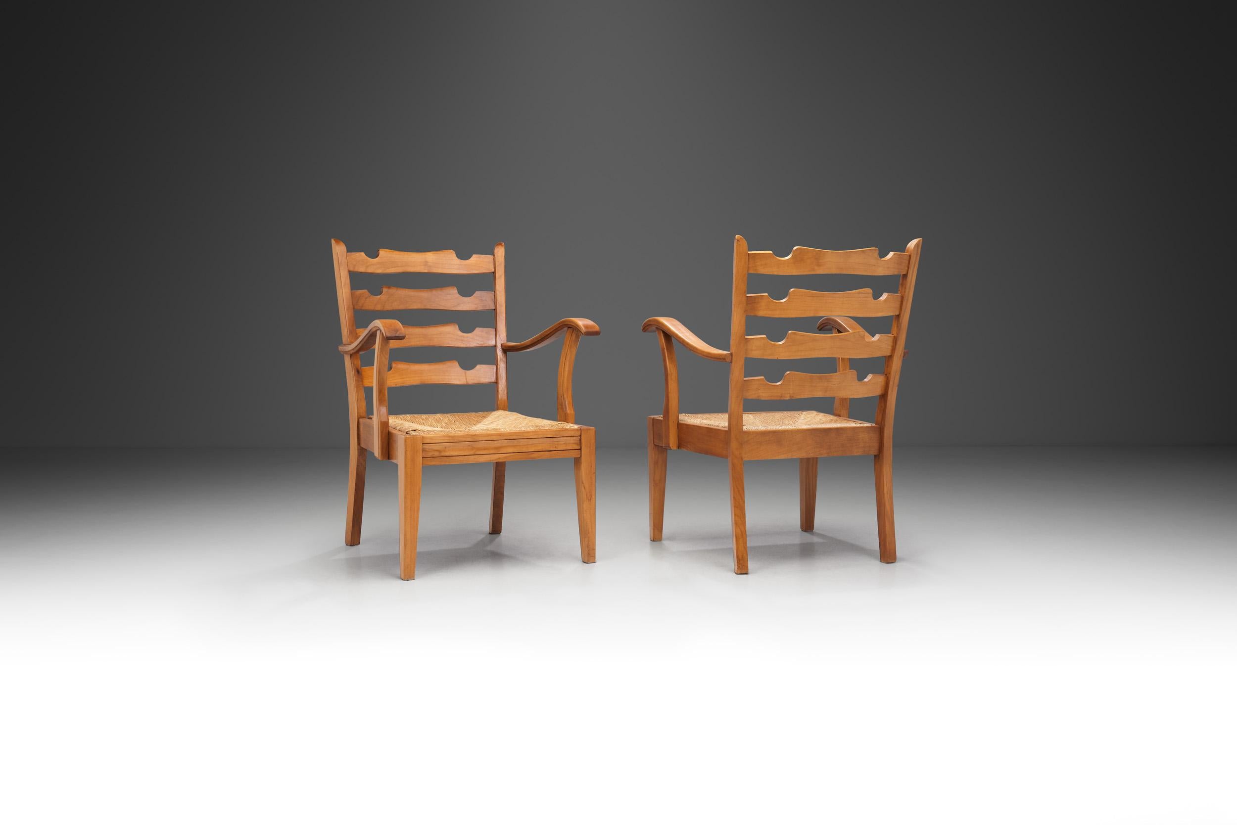 Mid-Century Modern French Cherry Wood Chairs with Seats of Woven Papercord, France 1950s For Sale