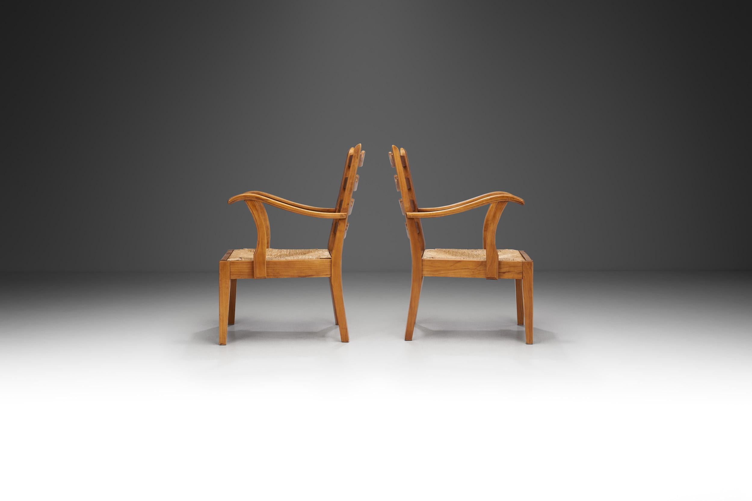 Mid-20th Century French Cherry Wood Chairs with Seats of Woven Papercord, France 1950s For Sale