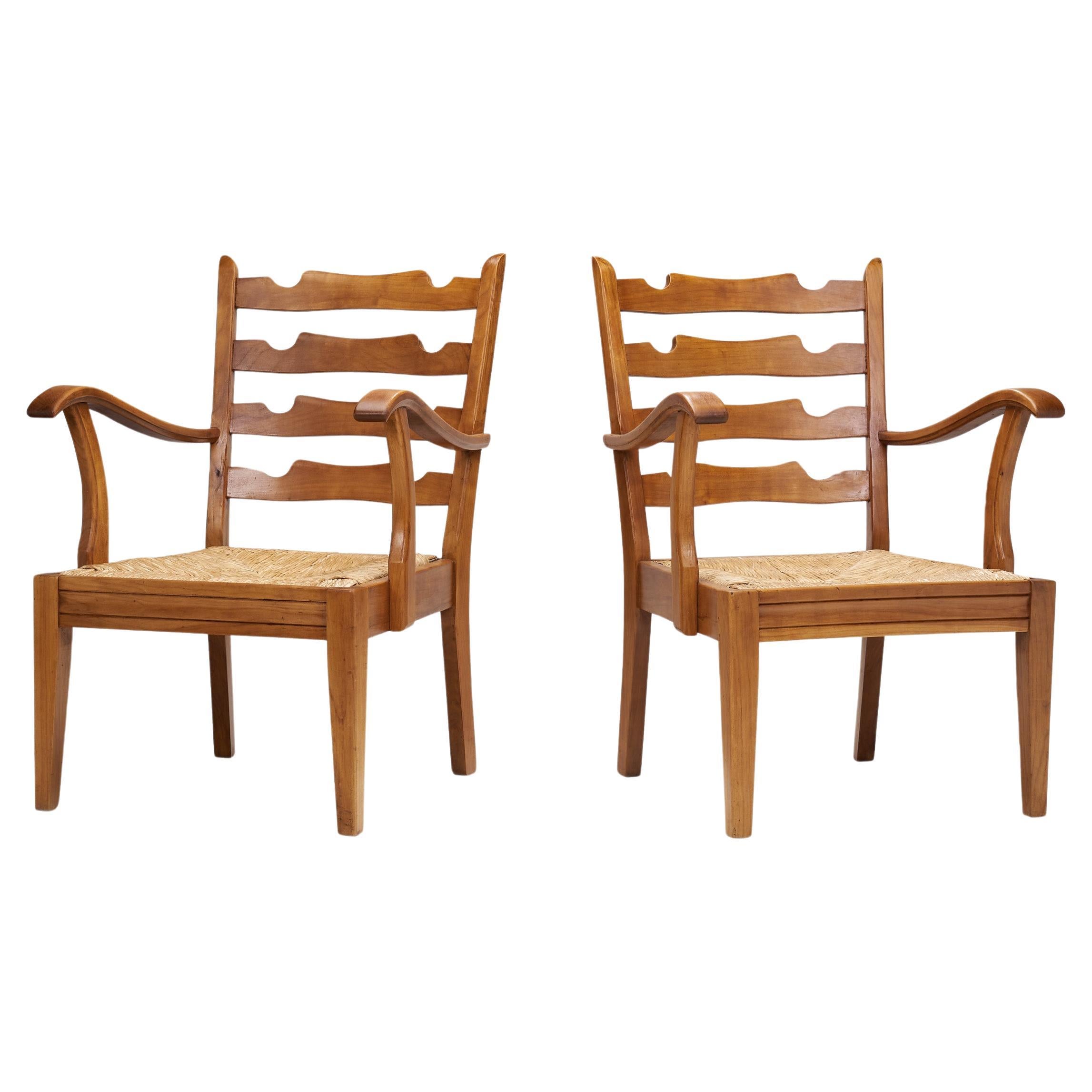 French Cherry Wood Chairs with Seats of Woven Papercord, France 1950s For Sale