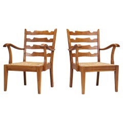 Antique French Cherry Wood Chairs with Seats of Woven Papercord, France 1950s