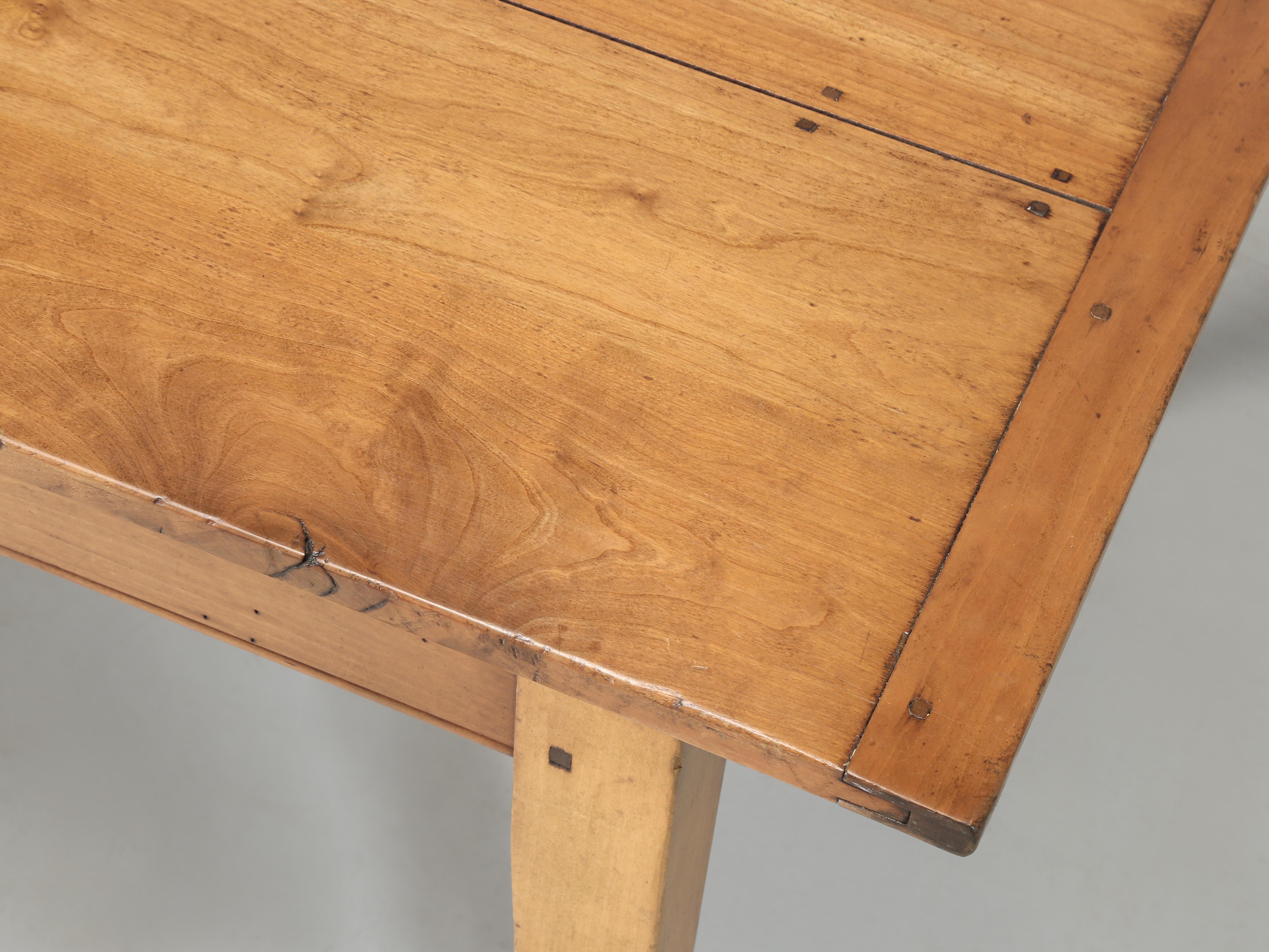 Hand-Crafted French Cherry Wood Farmhouse Style Dining Table Tapered Legs with Two Drawers