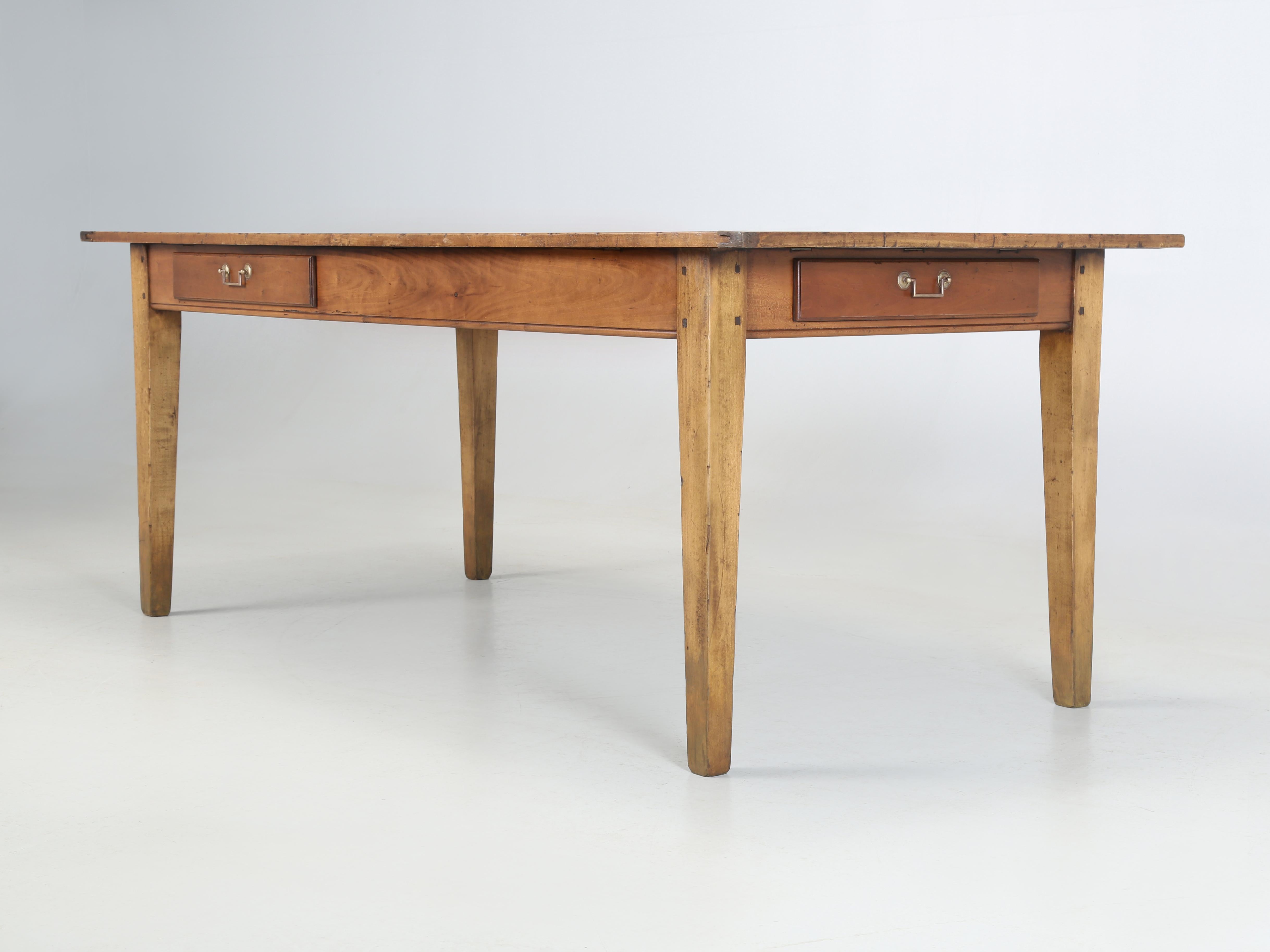 Late 20th Century French Cherry Wood Farmhouse Style Dining Table Tapered Legs with Two Drawers