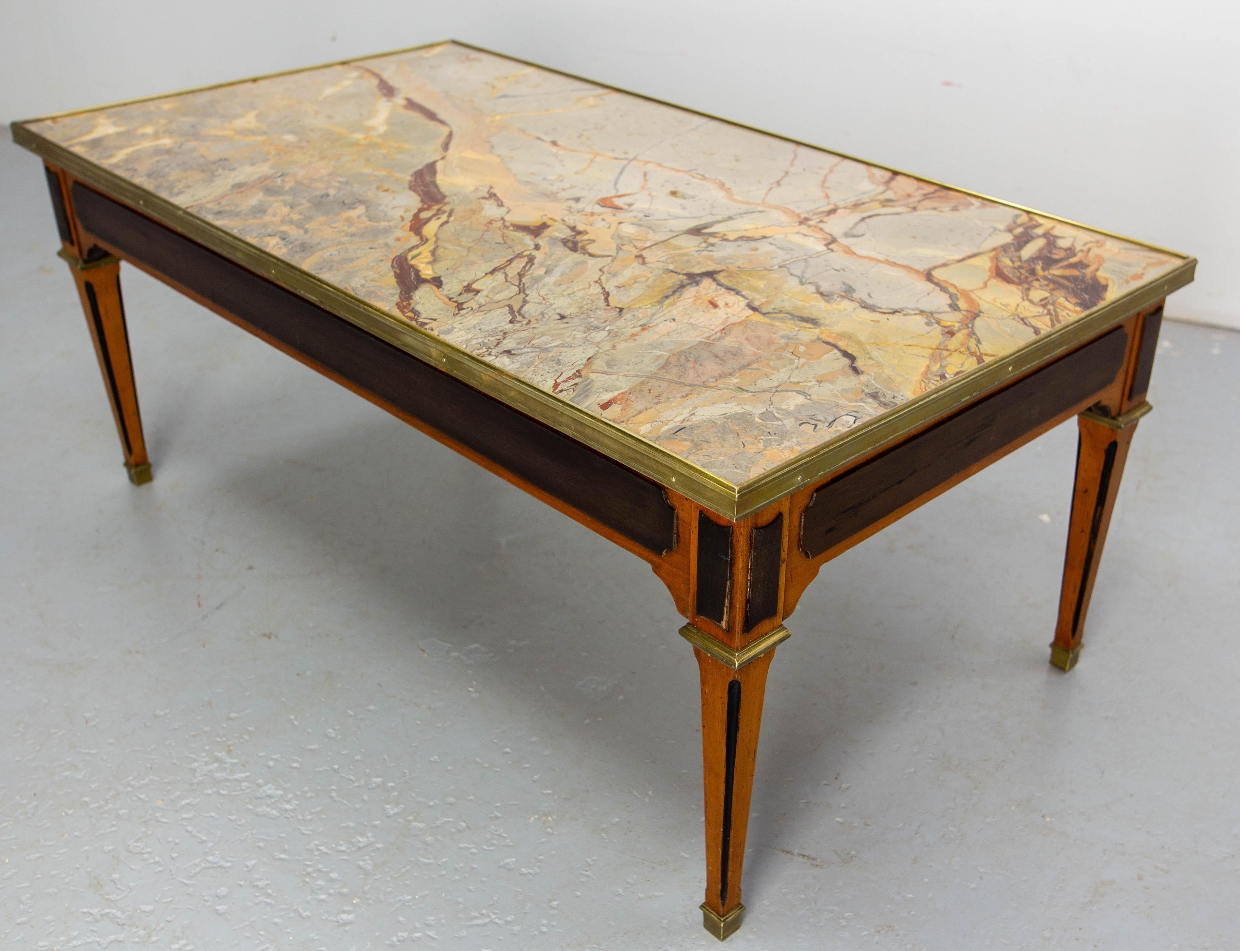 20th Century French Cherrywood & Marble Top Coffee Table Classical Style, circa 1960 For Sale