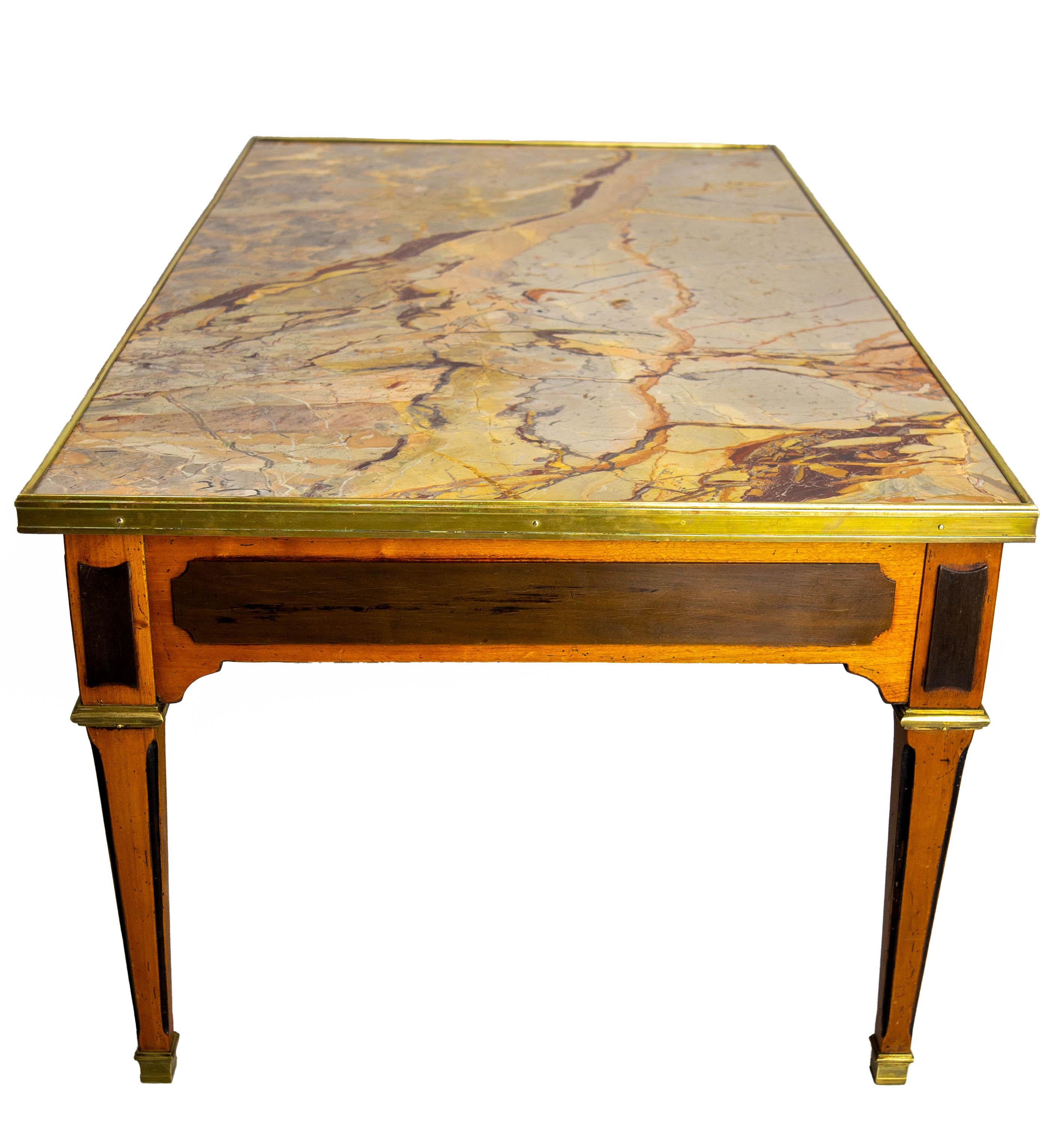 Brass French Cherrywood & Marble Top Coffee Table Classical Style, circa 1960 For Sale