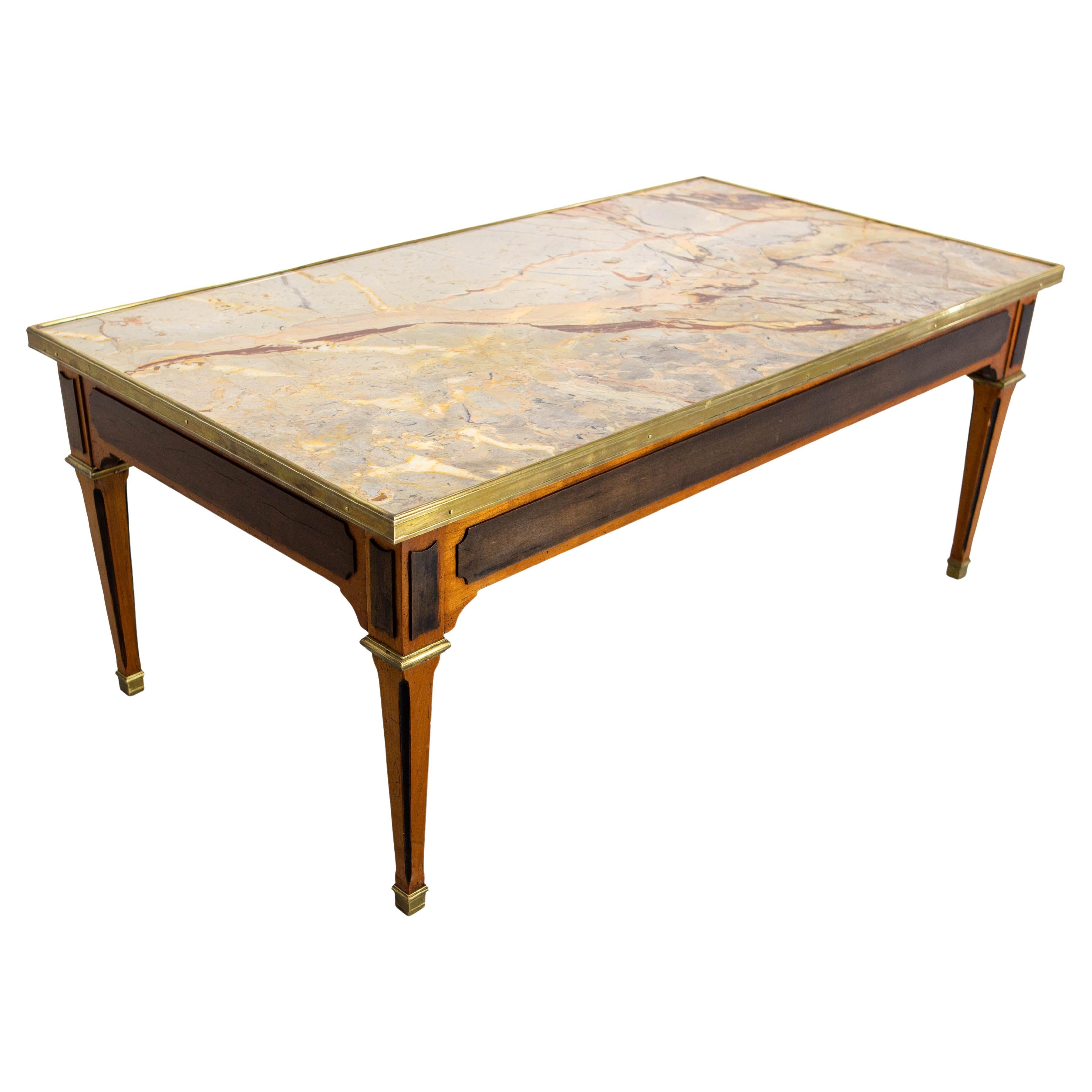 French Cherrywood & Marble Top Coffee Table Classical Style, circa 1960 For Sale