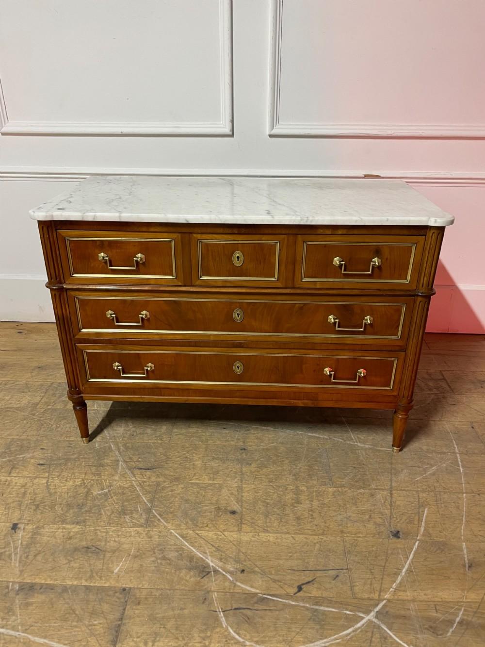 Mid 20th century great quality cherrywood marble topped commode three large drawers, original brass mounts and handles.
French circa 1930’s Great colour, this piece came from a Castle near the city of Rennes.
21 1/4 inches deep
45.5 inches wide
32.5
