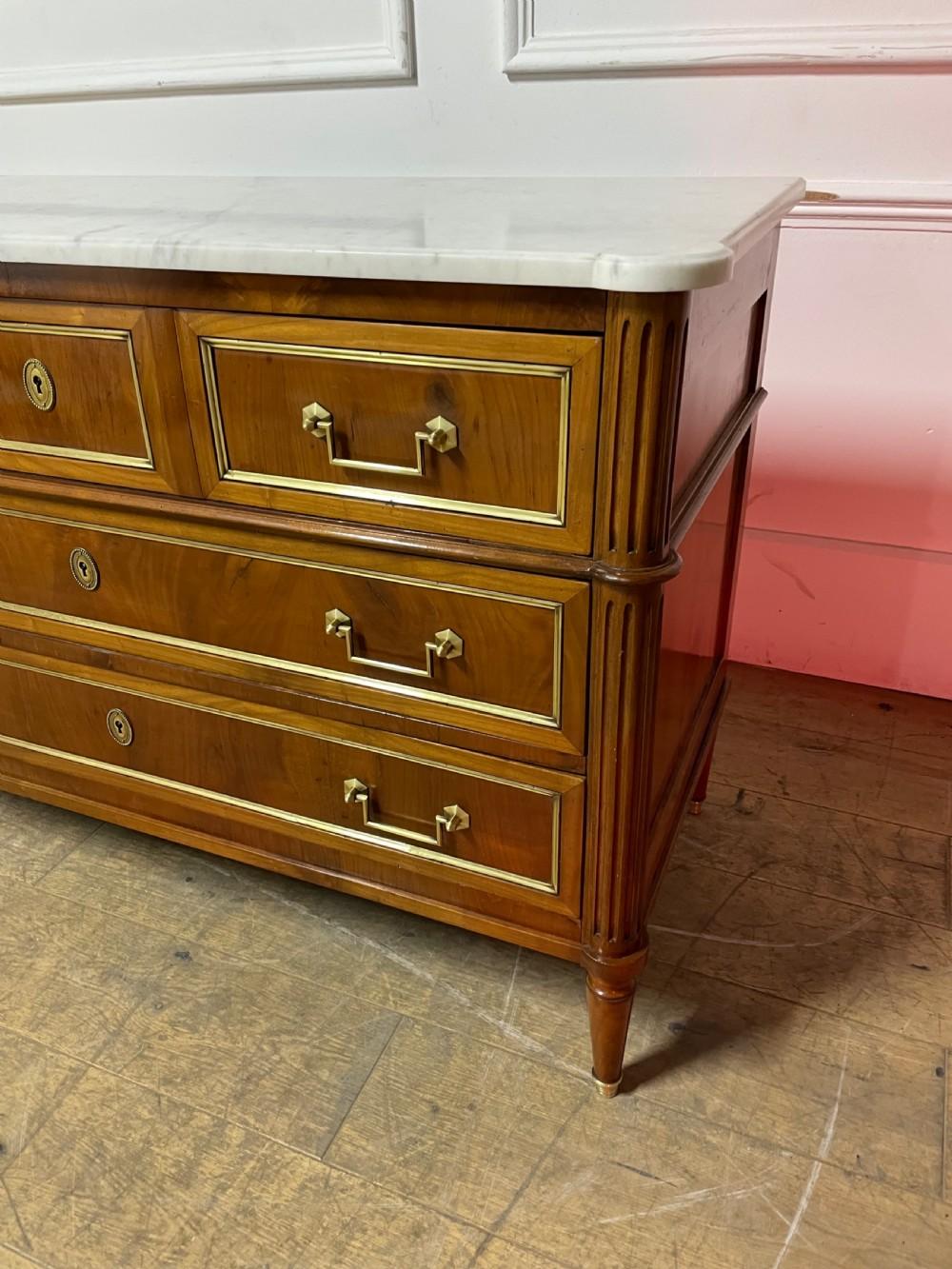 Louis XVI French , Cherrywood marble topped commode / chest of drawers For Sale
