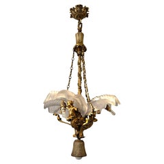 French Cherub and White Frosted Glass Chandelier