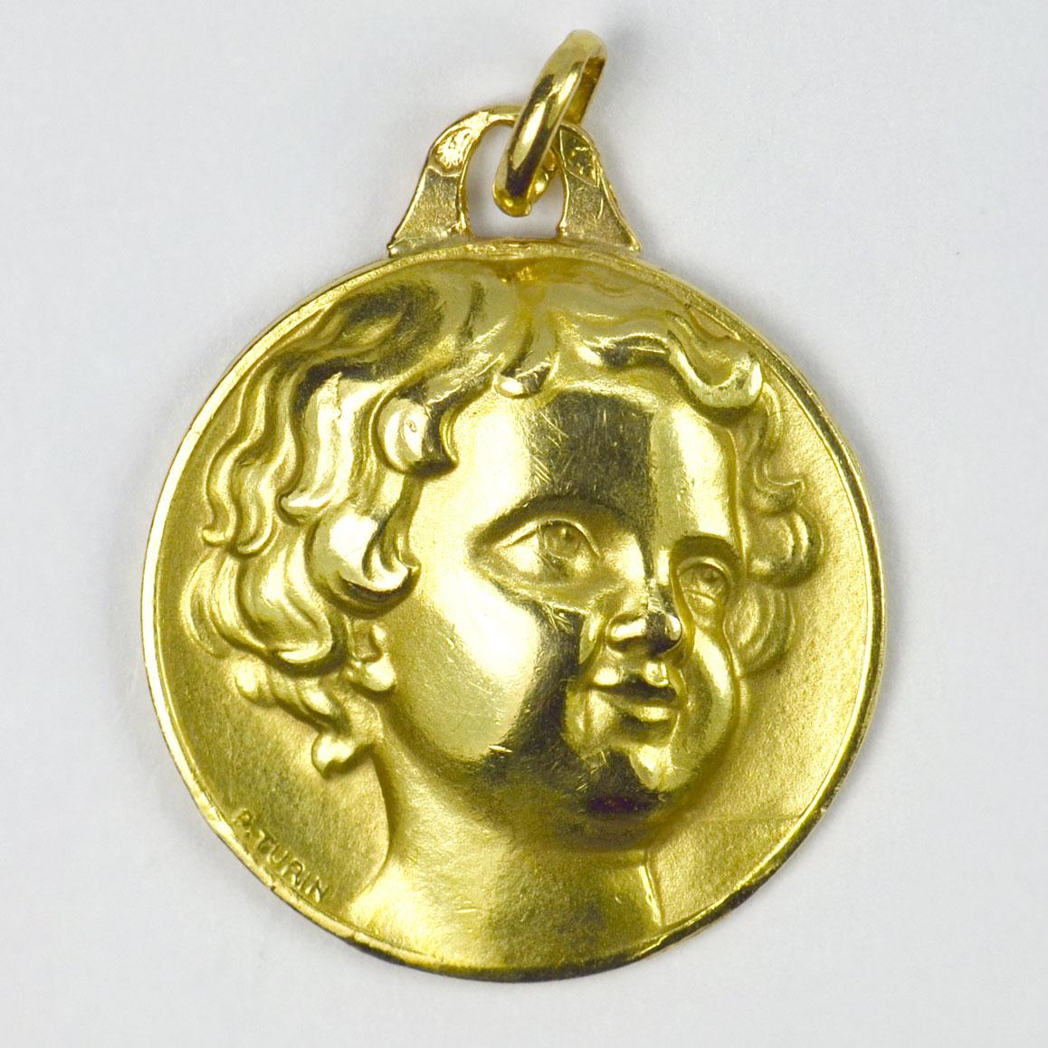 Women's French Cherub Head Medal 18k Yellow Gold Charm Pendant