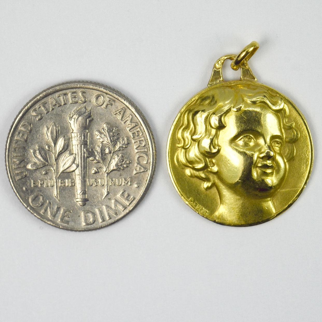 French Cherub Head Medal 18k Yellow Gold Charm Pendant 2