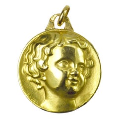 French Cherub Head Medal 18k Yellow Gold Charm Pendant