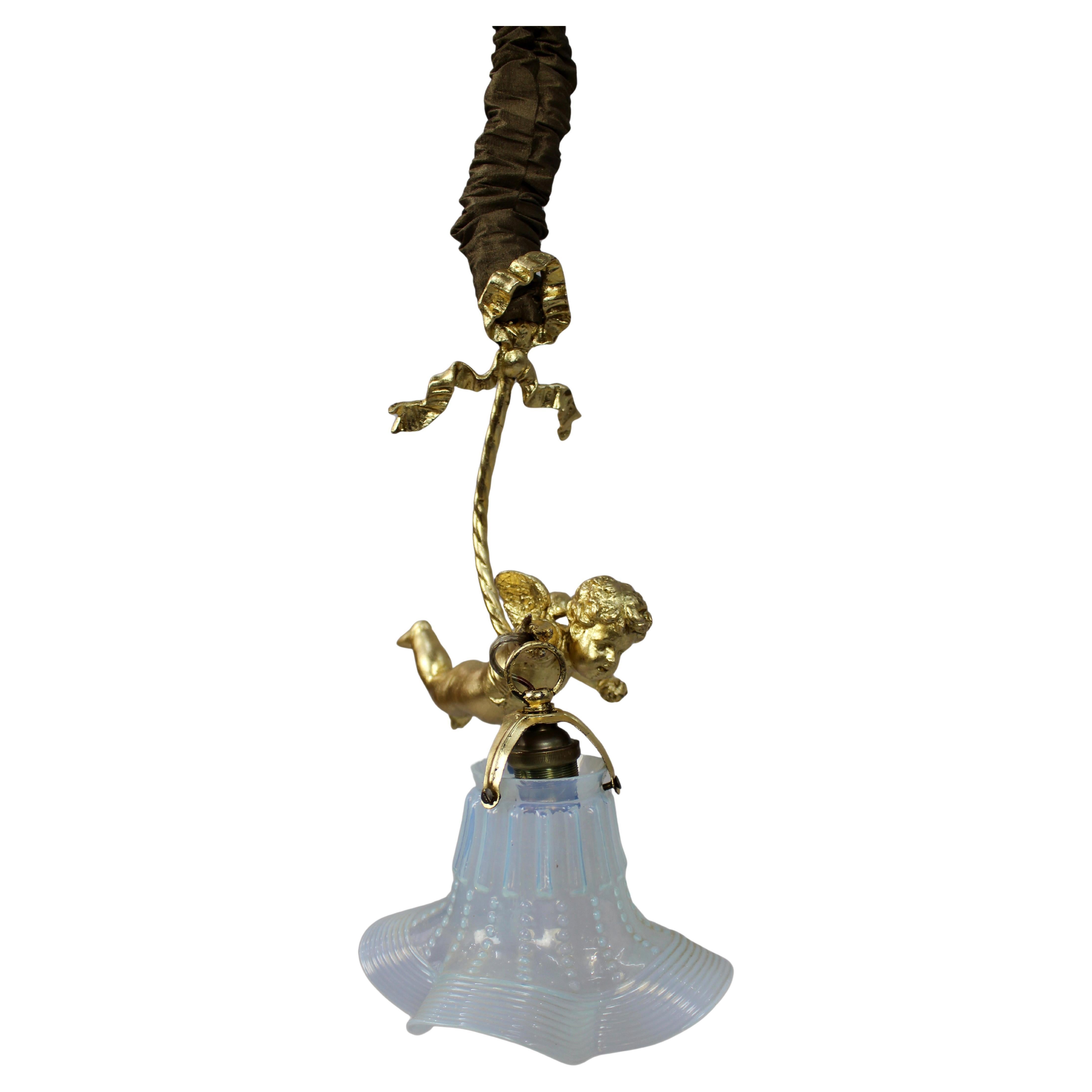 French Cherub Pendant Light with Vaseline Glass Shade, circa 1900–1920