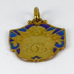 French Cherub Plique-A-Jour Enamel 18k Yellow Gold Medal Pendant