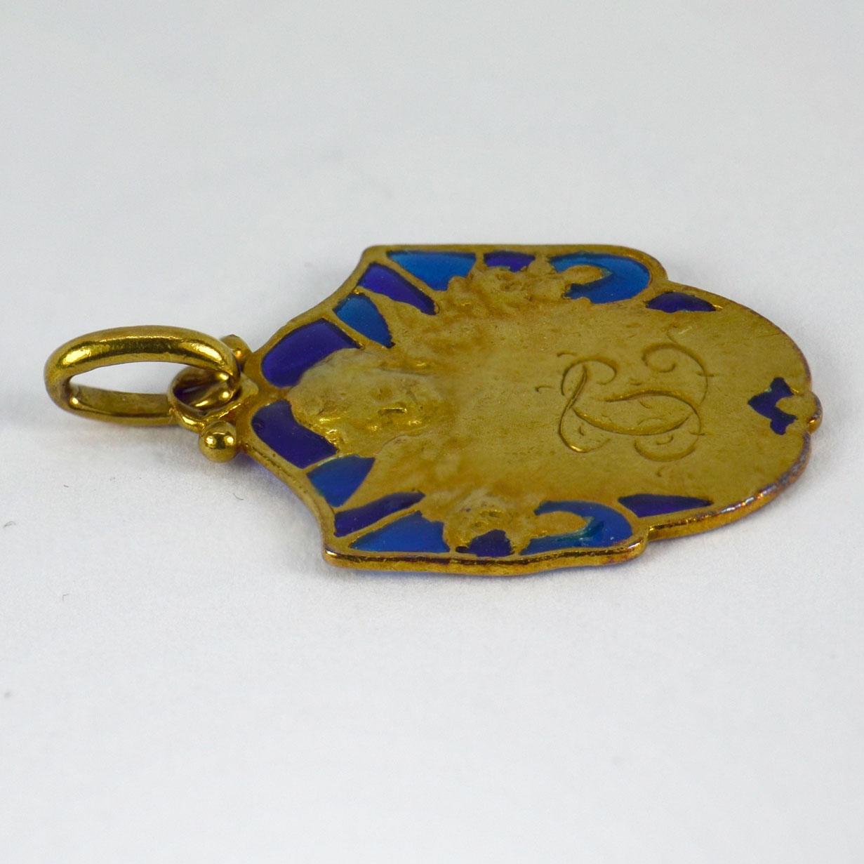 Art Deco French Cherub Plique-A-Jour Enamel 18k Yellow Gold Medal Pendant