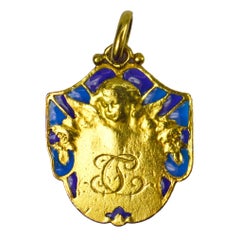 French Cherub Plique-A-Jour Enamel 18k Yellow Gold Medal Pendant