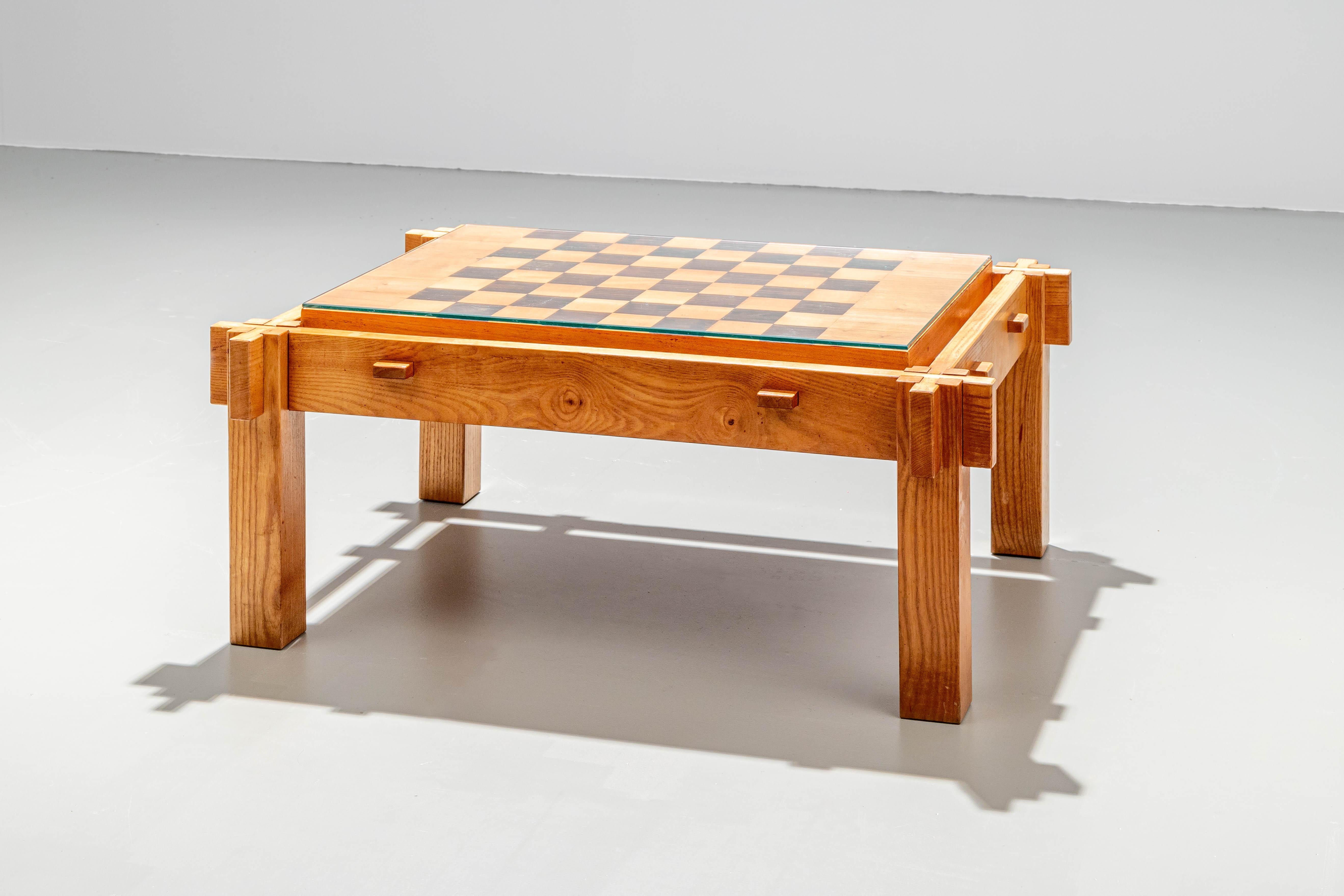 French Chess Table in Wood and Glass, 1960's In Good Condition In Amsterdam, NL