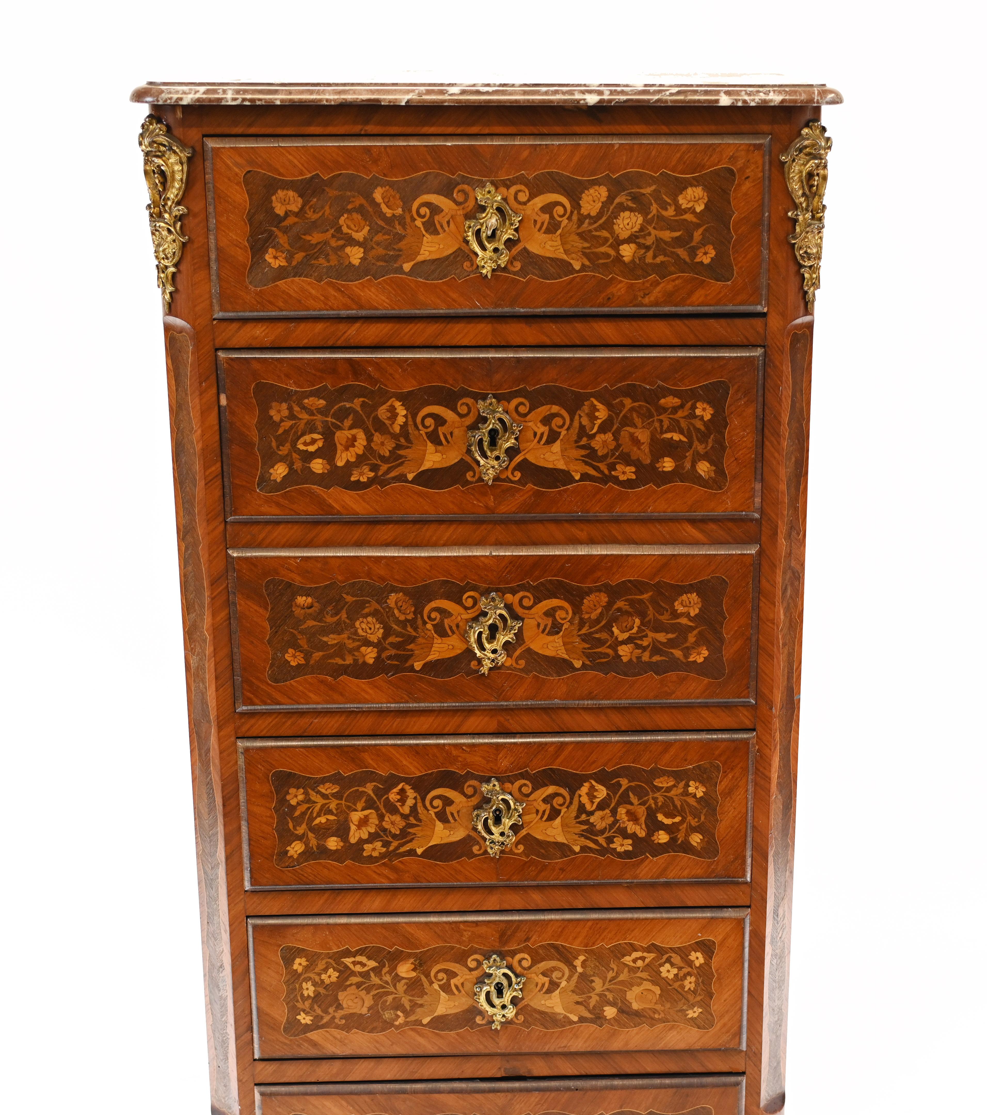 French Chest Drawers Antique Tall Boy Inlay, 1880 In Good Condition In Potters Bar, GB