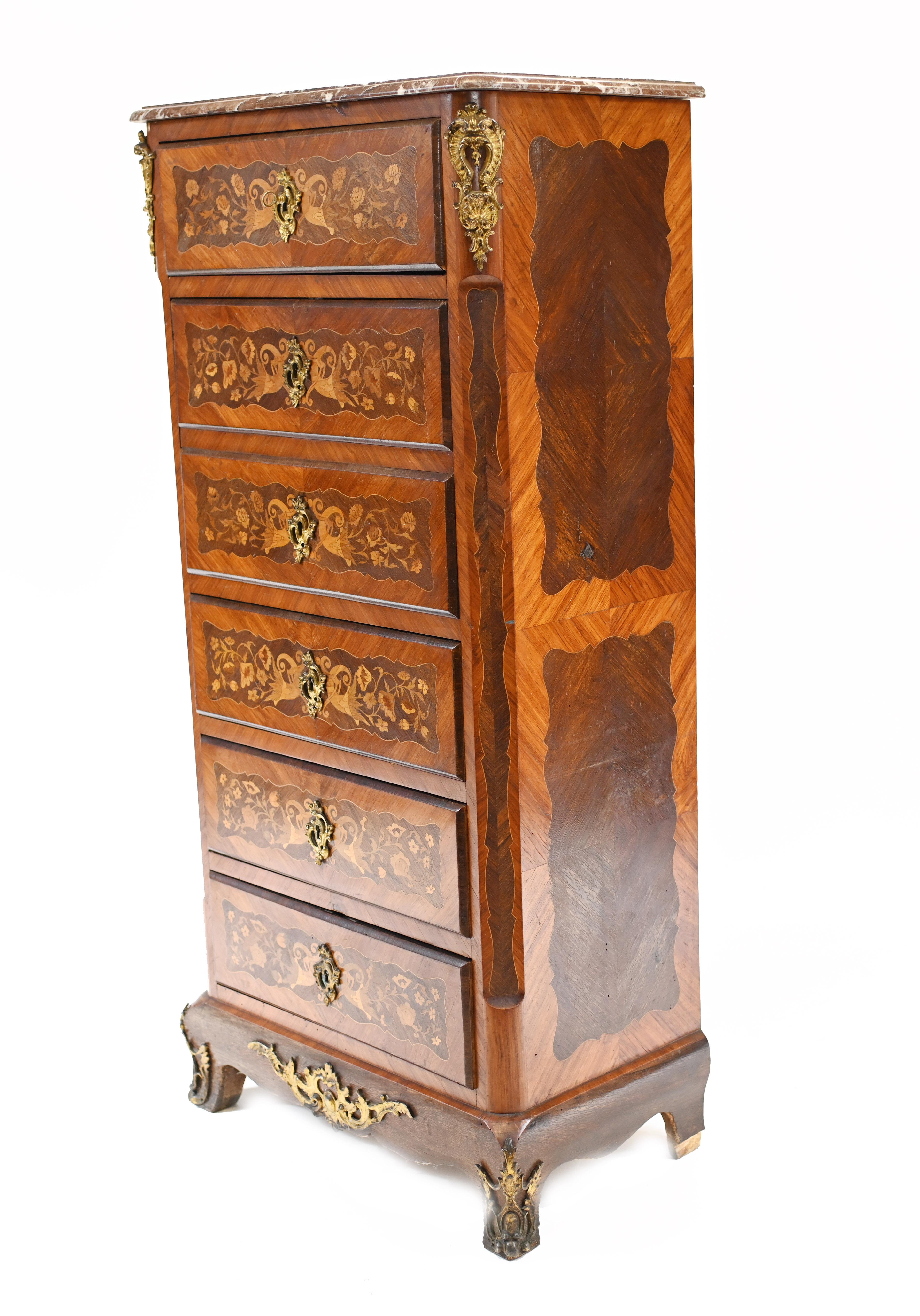 French Chest Drawers Antique Tall Boy Inlay, 1880 4